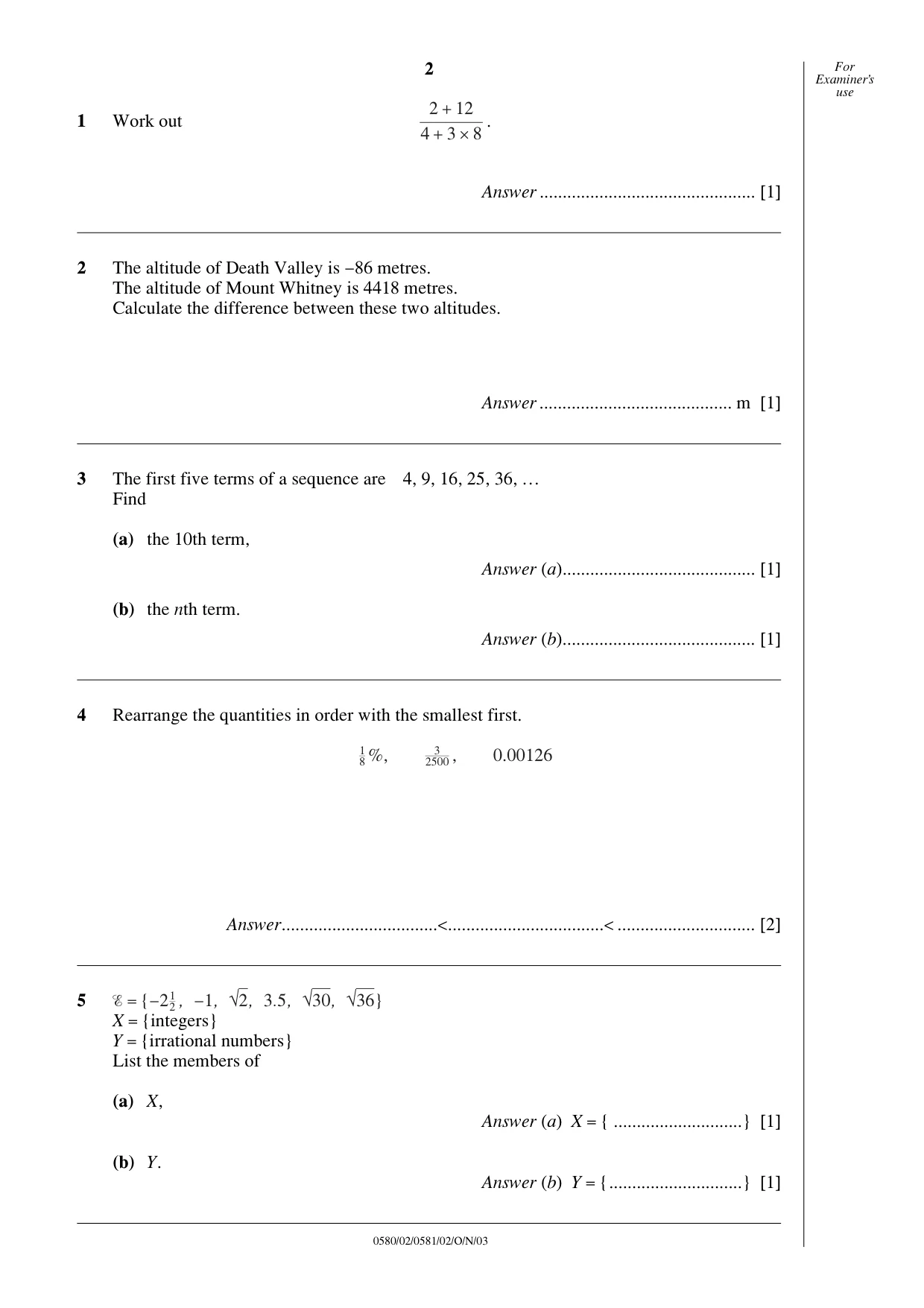 Cambridge IGCSE Mathematics (with coursework) 0581 2003 Oct/Nov Paper 2 · Variant 1 question paper, page 2 of 12
