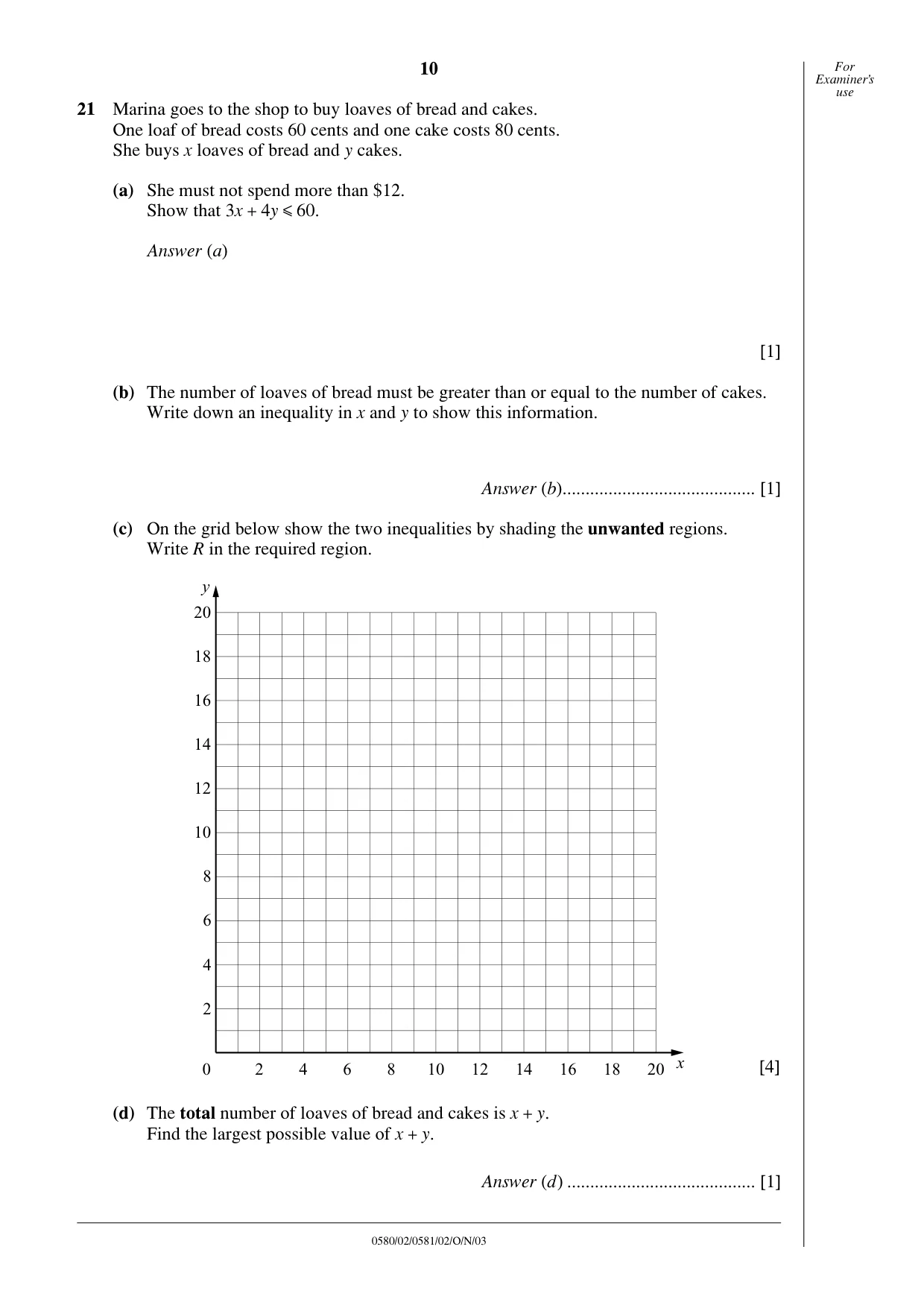 Cambridge IGCSE Mathematics (with coursework) 0581 2003 Oct/Nov Paper 2 · Variant 1 question paper, page 10 of 12