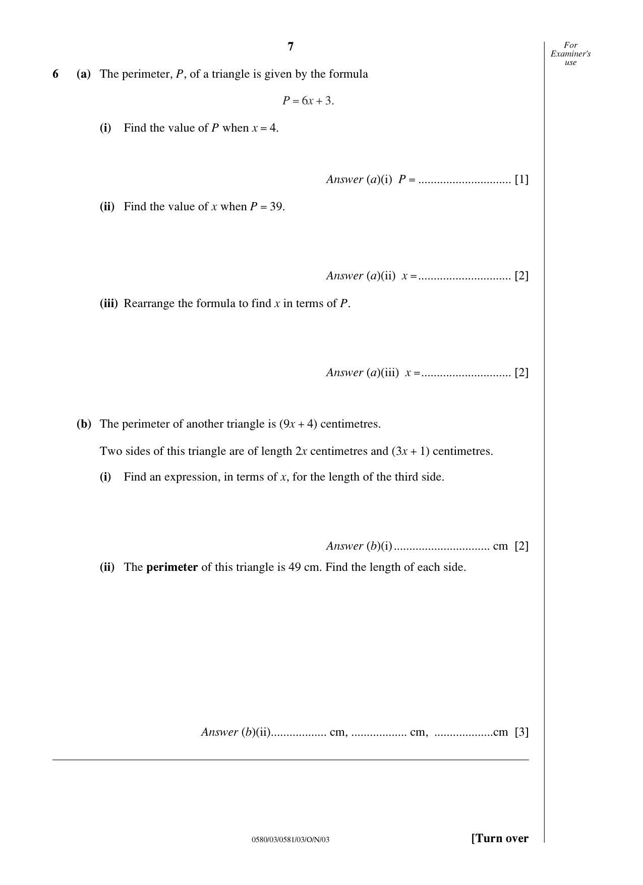 Cambridge IGCSE Mathematics (with coursework) 0581 2003 Oct/Nov Paper 3 · Variant 1 question paper, page 7 of 12