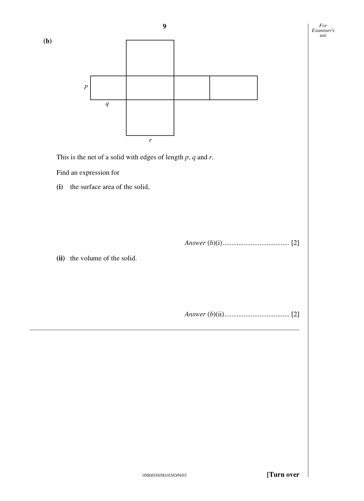 Cambridge IGCSE Mathematics (with coursework) 0581 2003 Oct/Nov Paper 3 · Variant 1 question paper, page 9 of 12