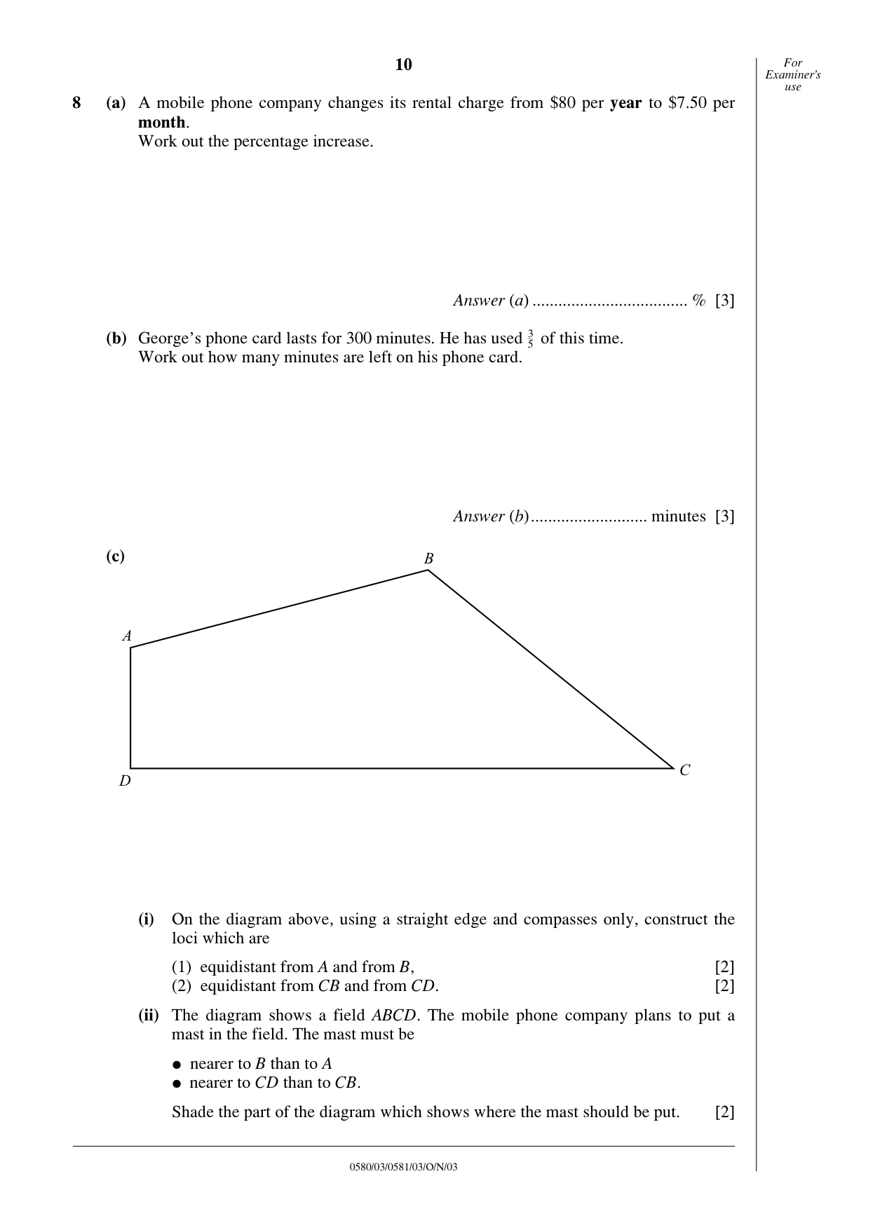 Cambridge IGCSE Mathematics (with coursework) 0581 2003 Oct/Nov Paper 3 · Variant 1 question paper, page 10 of 12