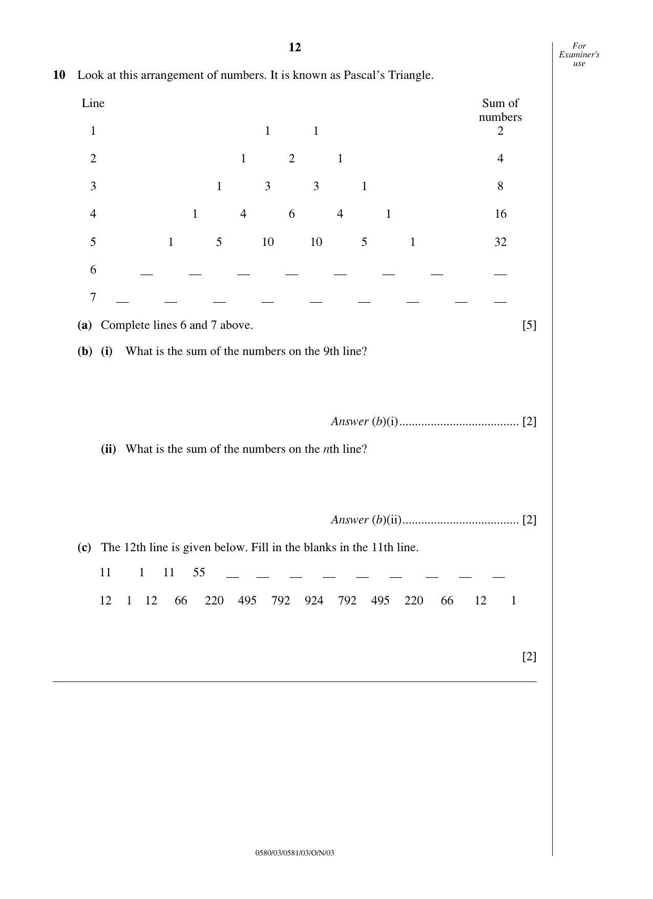 Cambridge IGCSE Mathematics (with coursework) 0581 2003 Oct/Nov Paper 3 · Variant 1 question paper, page 12 of 12