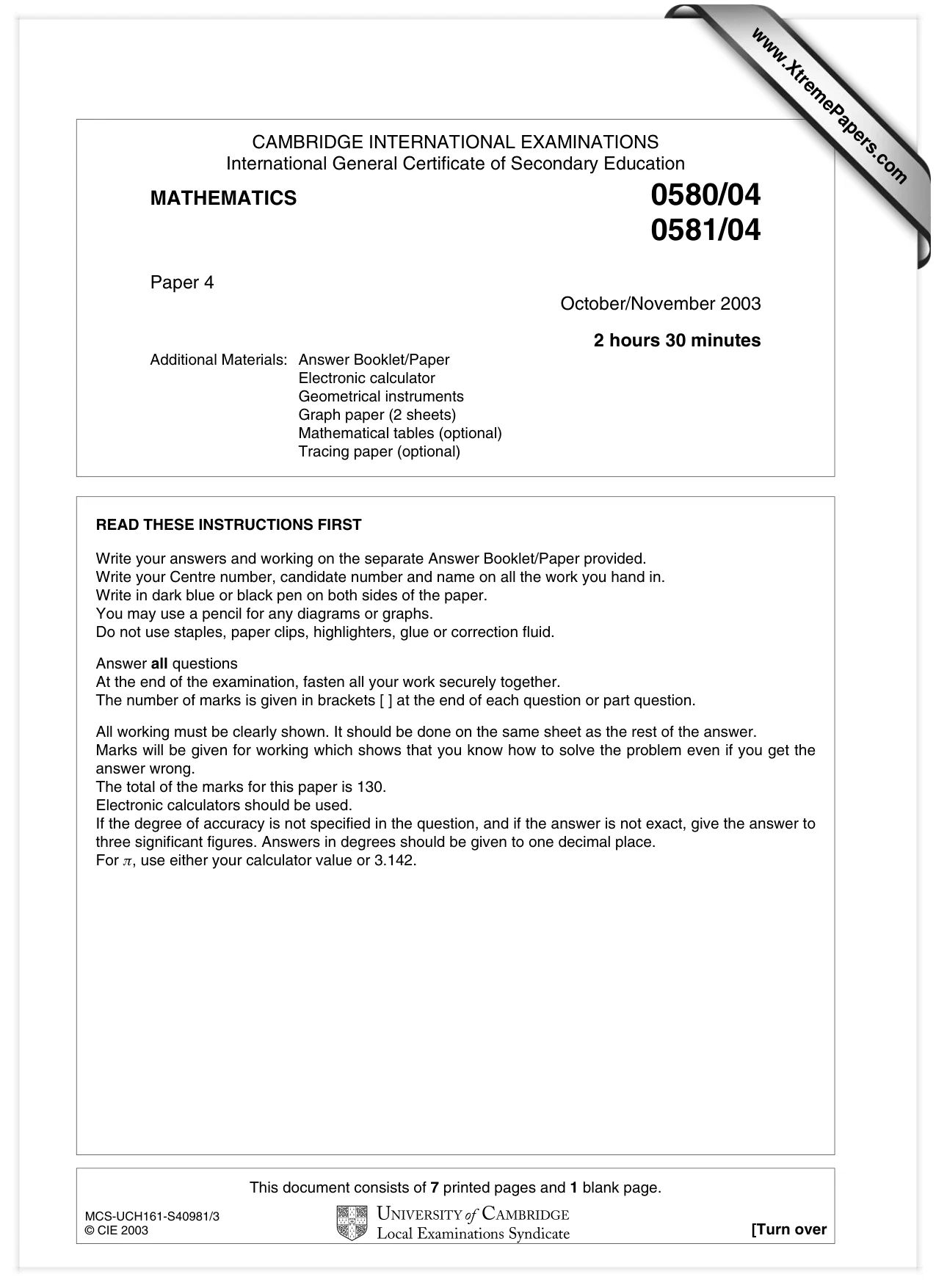 Cambridge IGCSE Mathematics (with coursework) 0581 2003 Oct/Nov Paper 4 · Variant 1 question paper, page 1 of 8