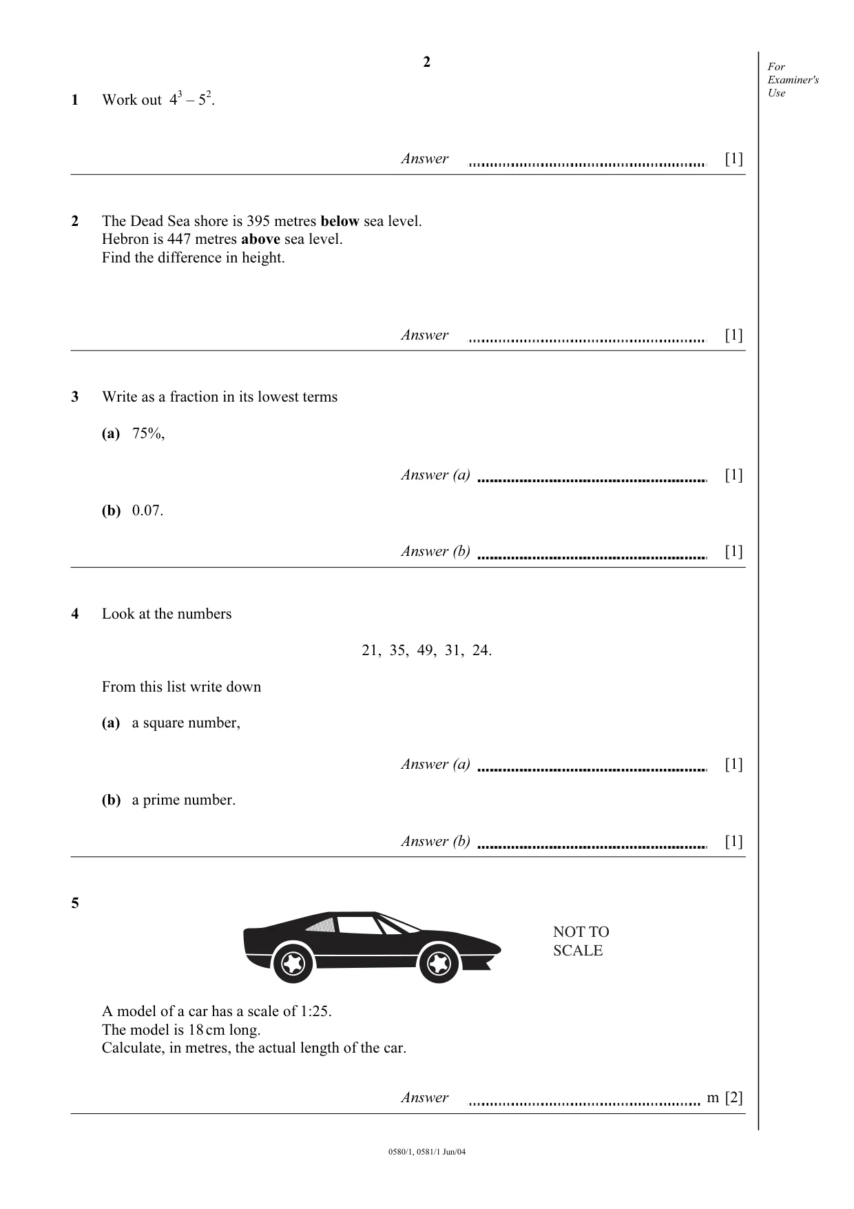Cambridge IGCSE Mathematics (with coursework) 0581 2004 May/June Paper 1 · Variant 1 question paper, page 2 of 8