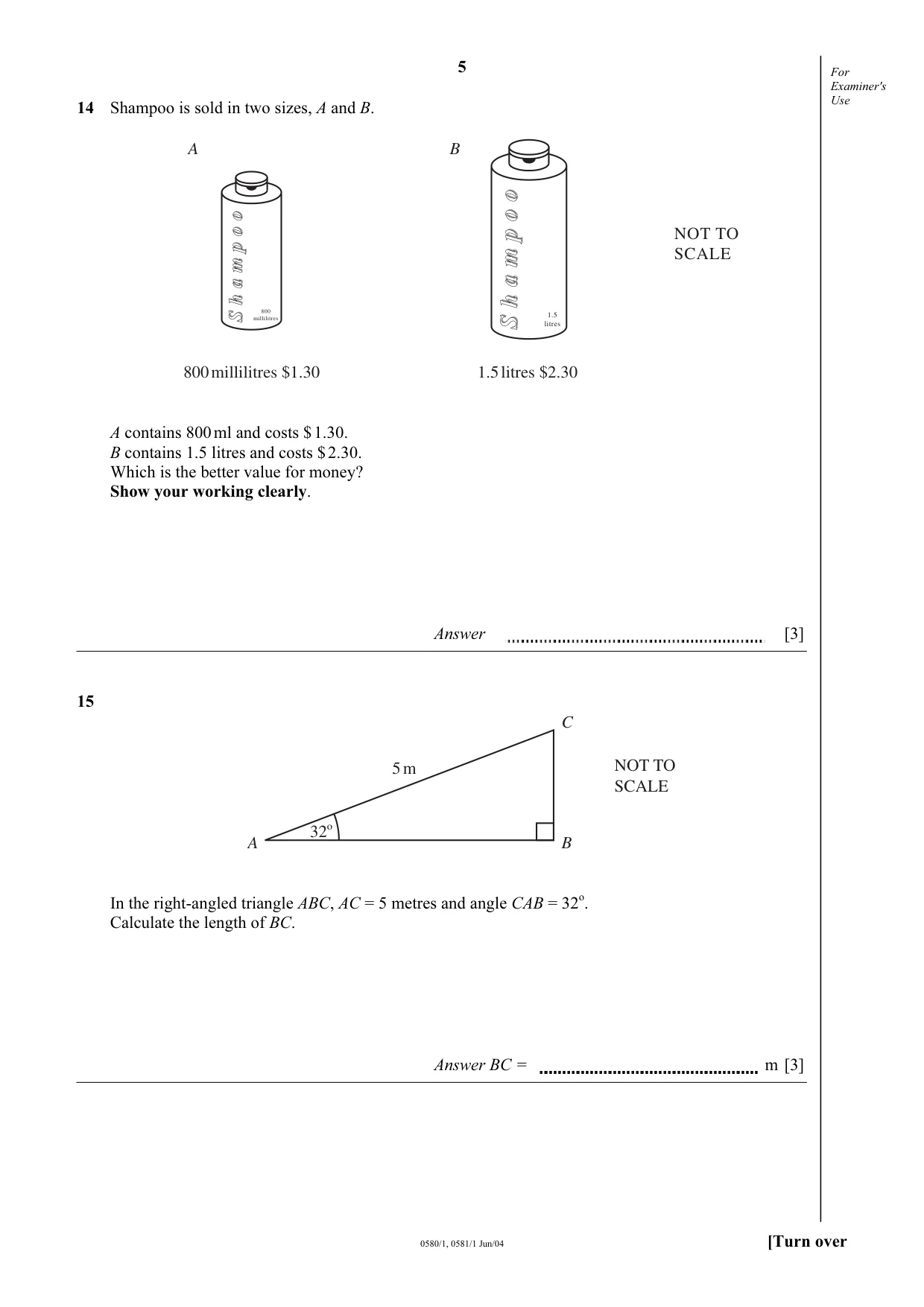 Cambridge IGCSE Mathematics (with coursework) 0581 2004 May/June Paper 1 · Variant 1 question paper, page 5 of 8