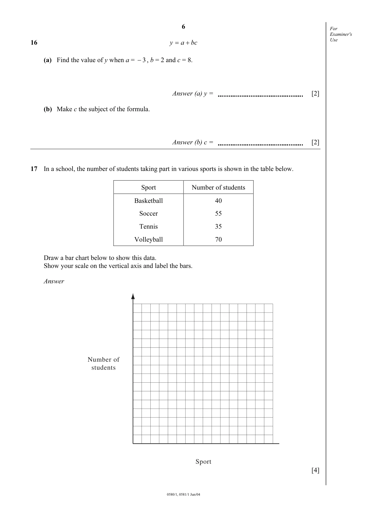 Cambridge IGCSE Mathematics (with coursework) 0581 2004 May/June Paper 1 · Variant 1 question paper, page 6 of 8