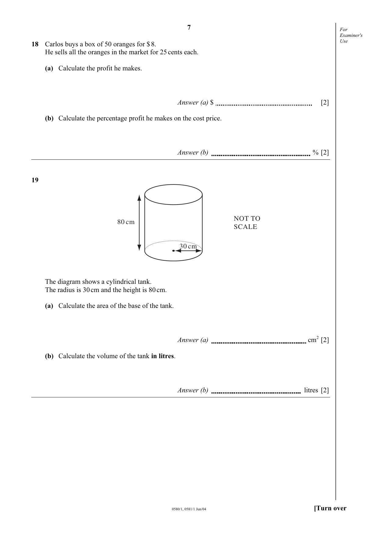 Cambridge IGCSE Mathematics (with coursework) 0581 2004 May/June Paper 1 · Variant 1 question paper, page 7 of 8