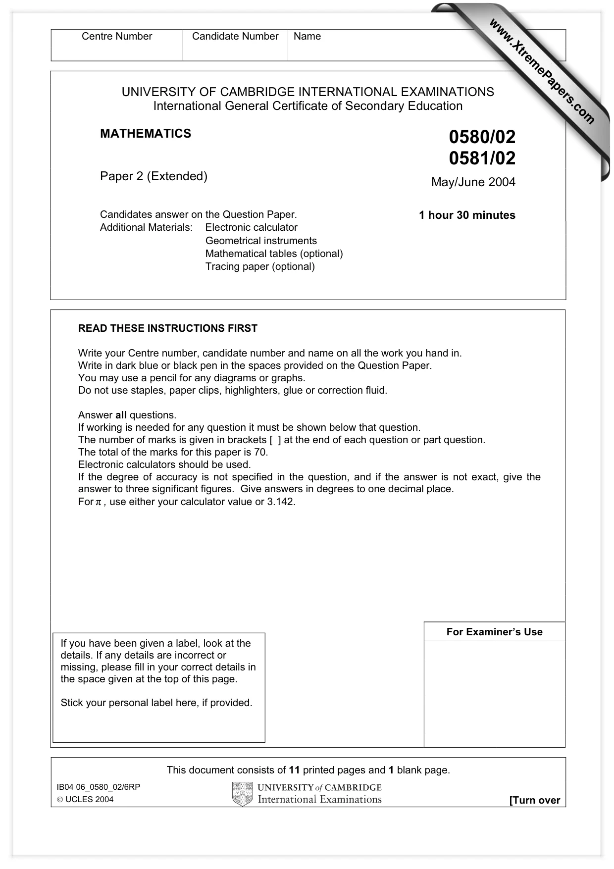 Cambridge IGCSE Mathematics (with coursework) 0581 2004 May/June Paper 2 · Variant 1 question paper, page 1 of 12