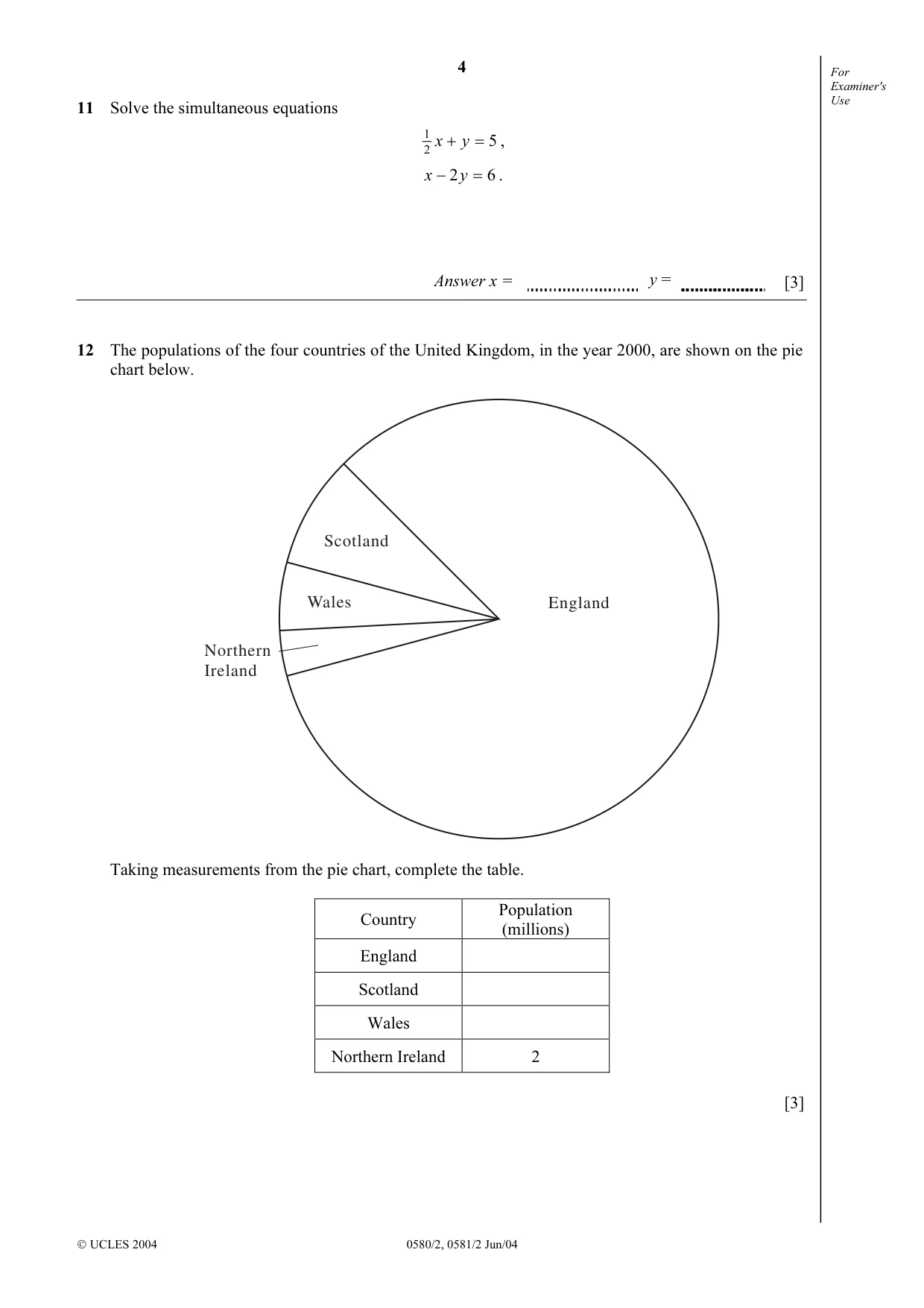 Cambridge IGCSE Mathematics (with coursework) 0581 2004 May/June Paper 2 · Variant 1 question paper, page 4 of 12
