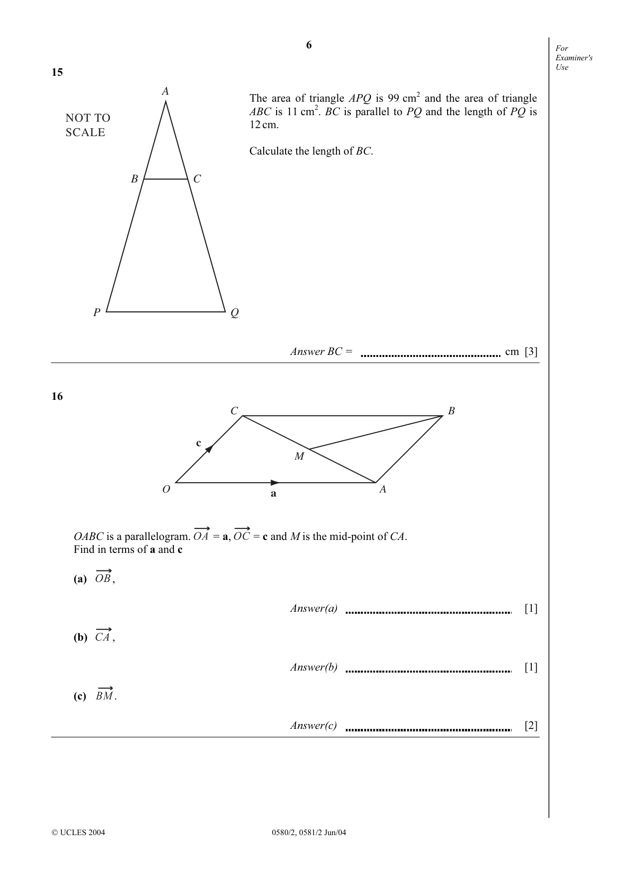 Cambridge IGCSE Mathematics (with coursework) 0581 2004 May/June Paper 2 · Variant 1 question paper, page 6 of 12
