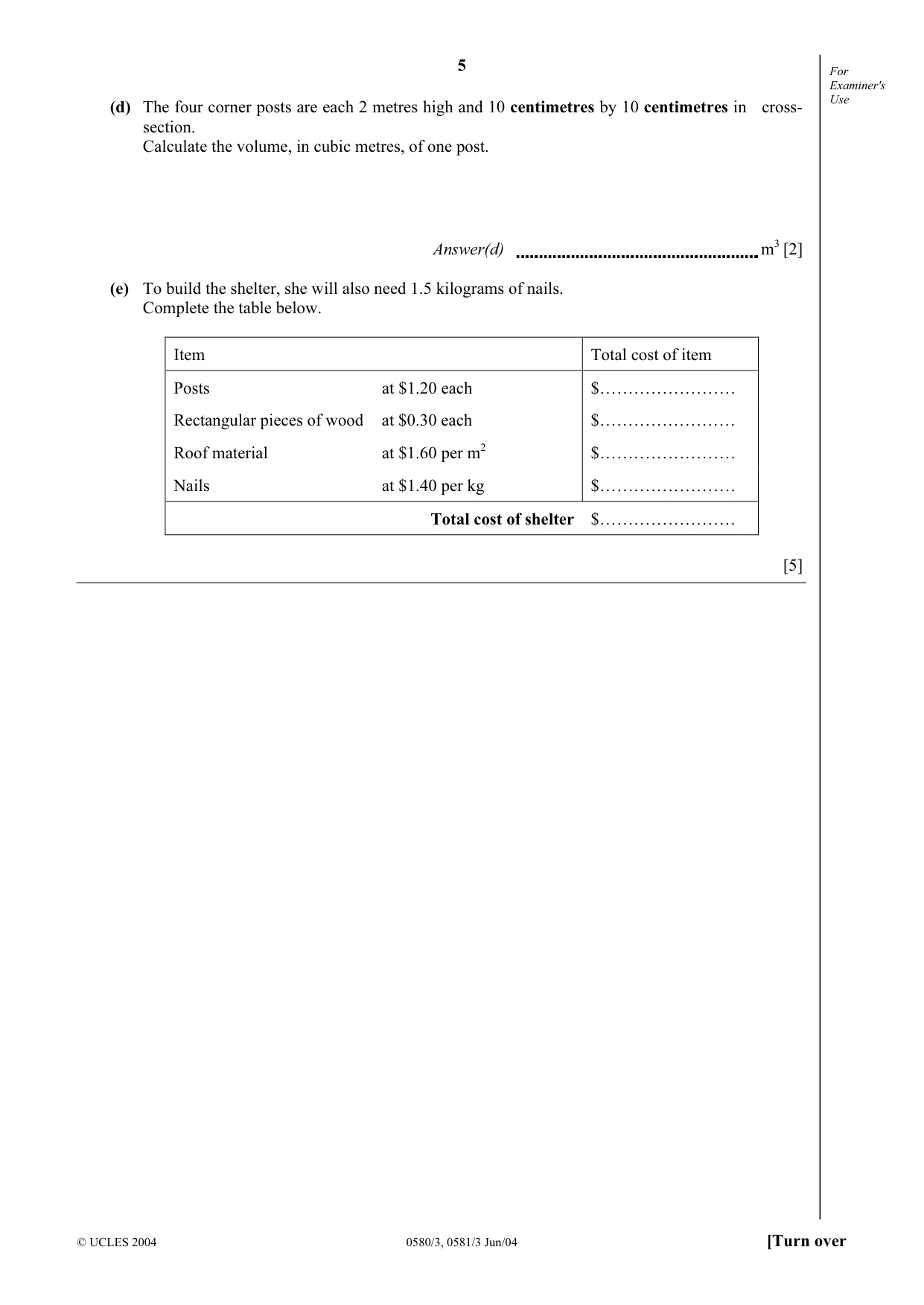 Cambridge IGCSE Mathematics (with coursework) 0581 2004 May/June Paper 3 · Variant 1 question paper, page 5 of 16
