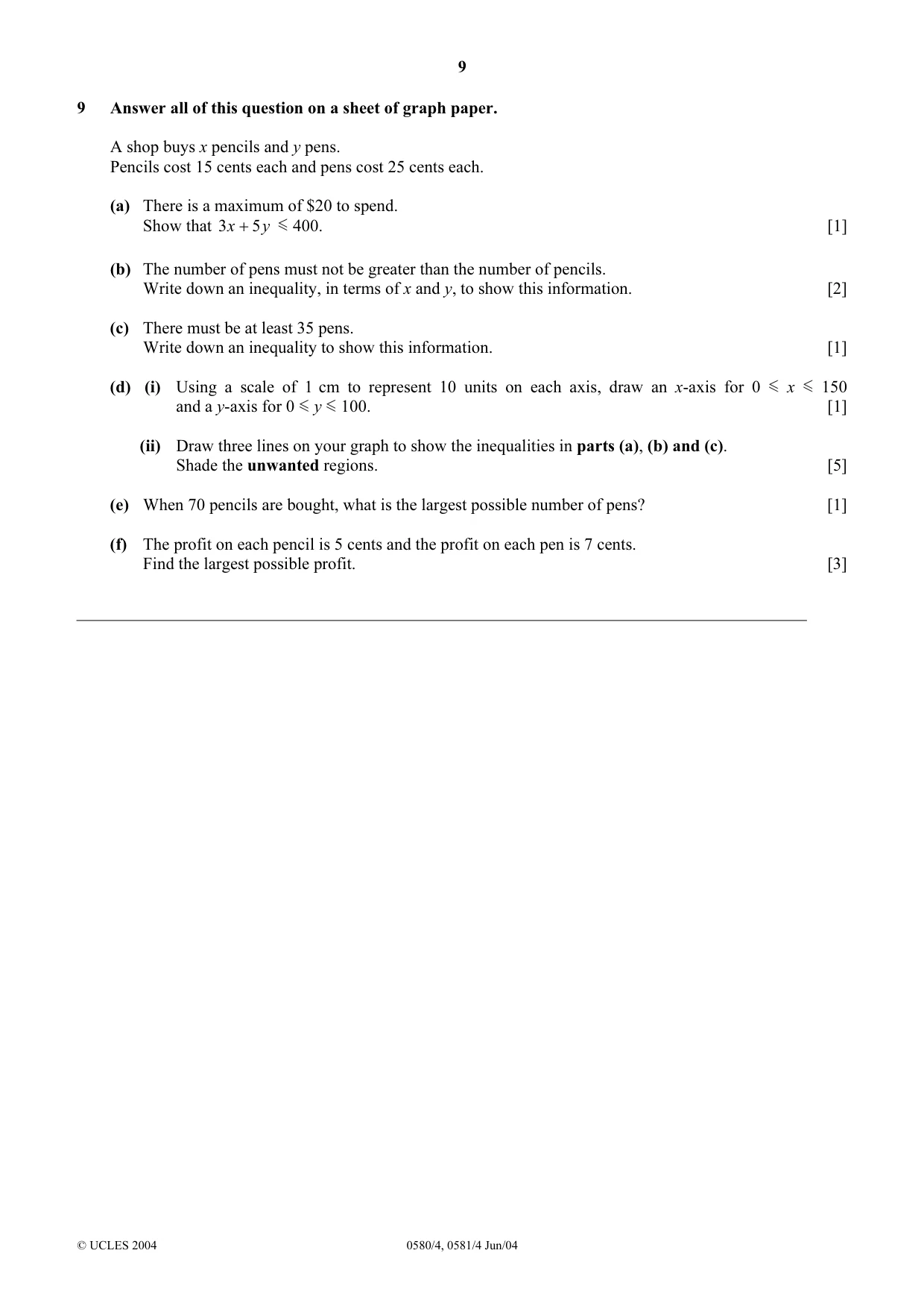 Cambridge IGCSE Mathematics (with coursework) 0581 2004 May/June Paper 4 · Variant 1 question paper, page 9 of 12