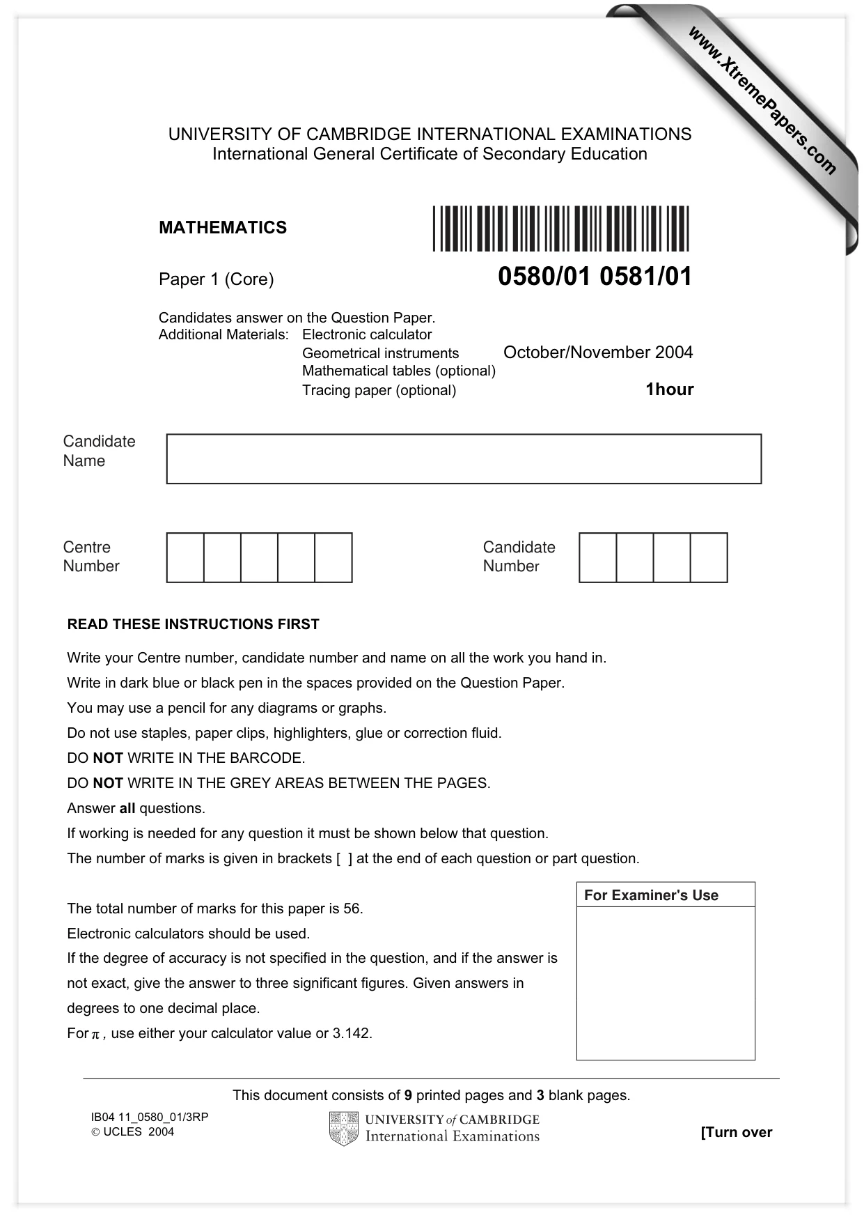 Cambridge IGCSE Mathematics (with coursework) 0581 2004 Oct/Nov Paper 1 · Variant 1 question paper, page 1 of 12
