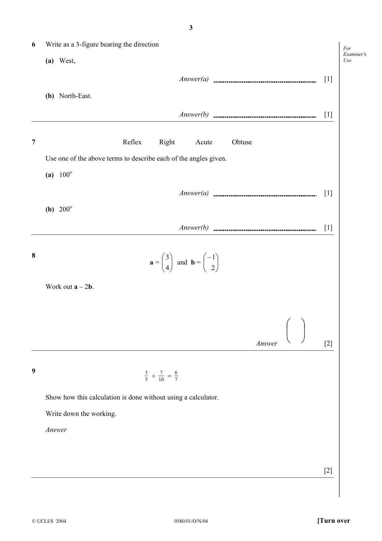 Cambridge IGCSE Mathematics (with coursework) 0581 2004 Oct/Nov Paper 1 · Variant 1 question paper, page 3 of 12