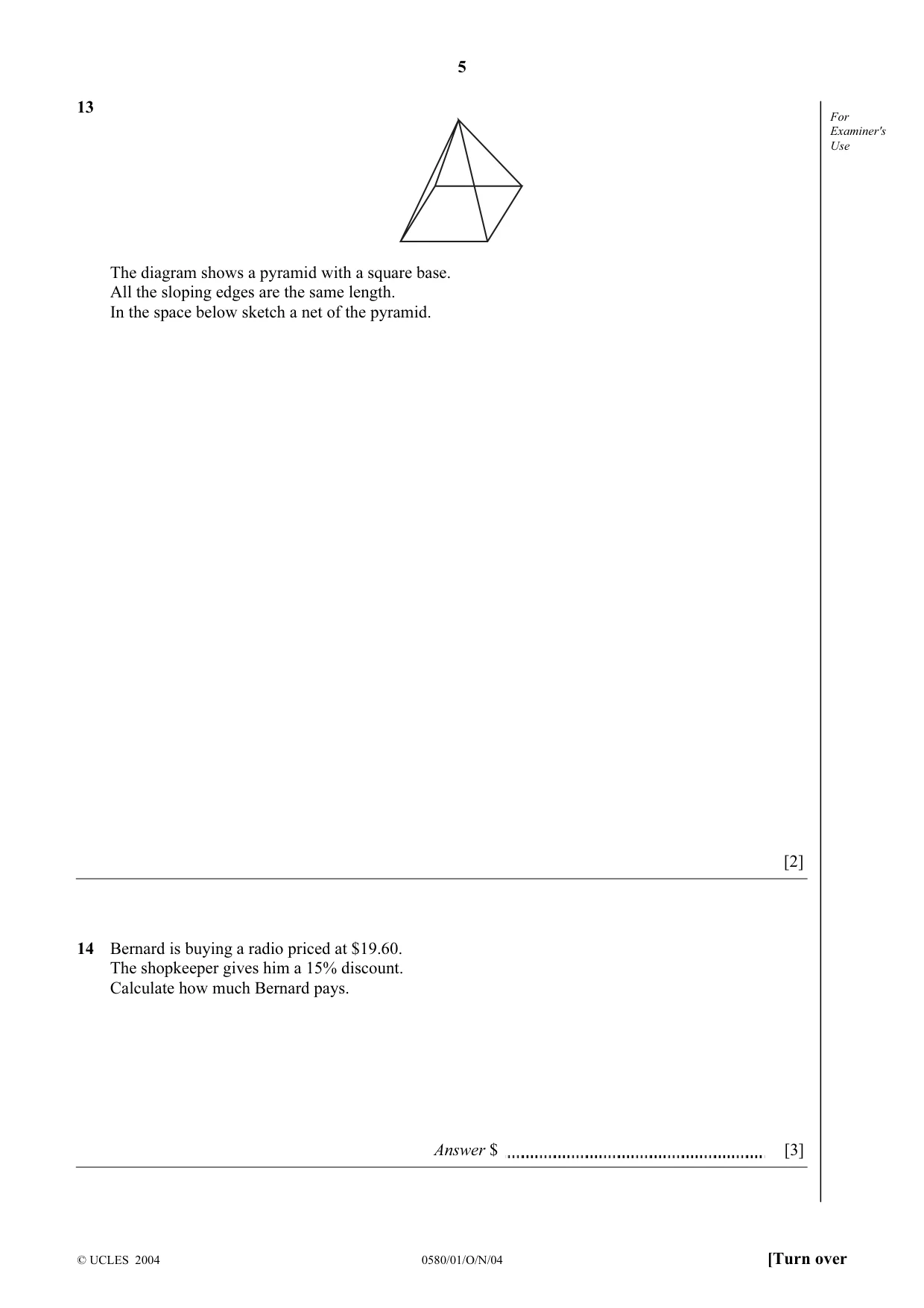 Cambridge IGCSE Mathematics (with coursework) 0581 2004 Oct/Nov Paper 1 · Variant 1 question paper, page 5 of 12