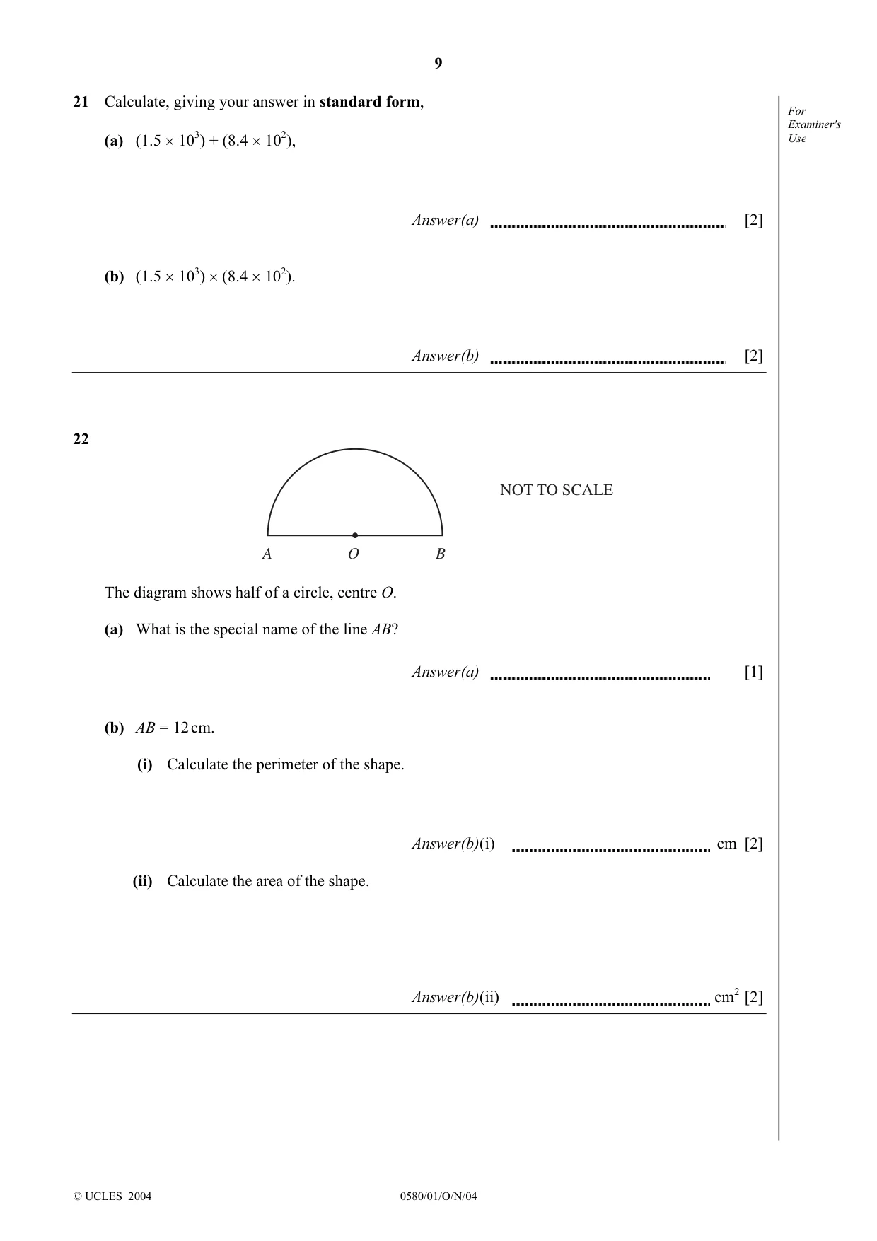 Cambridge IGCSE Mathematics (with coursework) 0581 2004 Oct/Nov Paper 1 · Variant 1 question paper, page 9 of 12