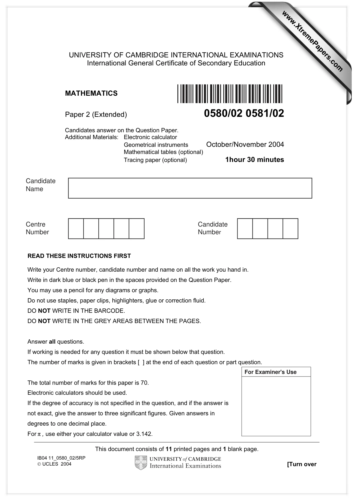 Cambridge IGCSE Mathematics (with coursework) 0581 2004 Oct/Nov Paper 2 · Variant 1 question paper, page 1 of 12
