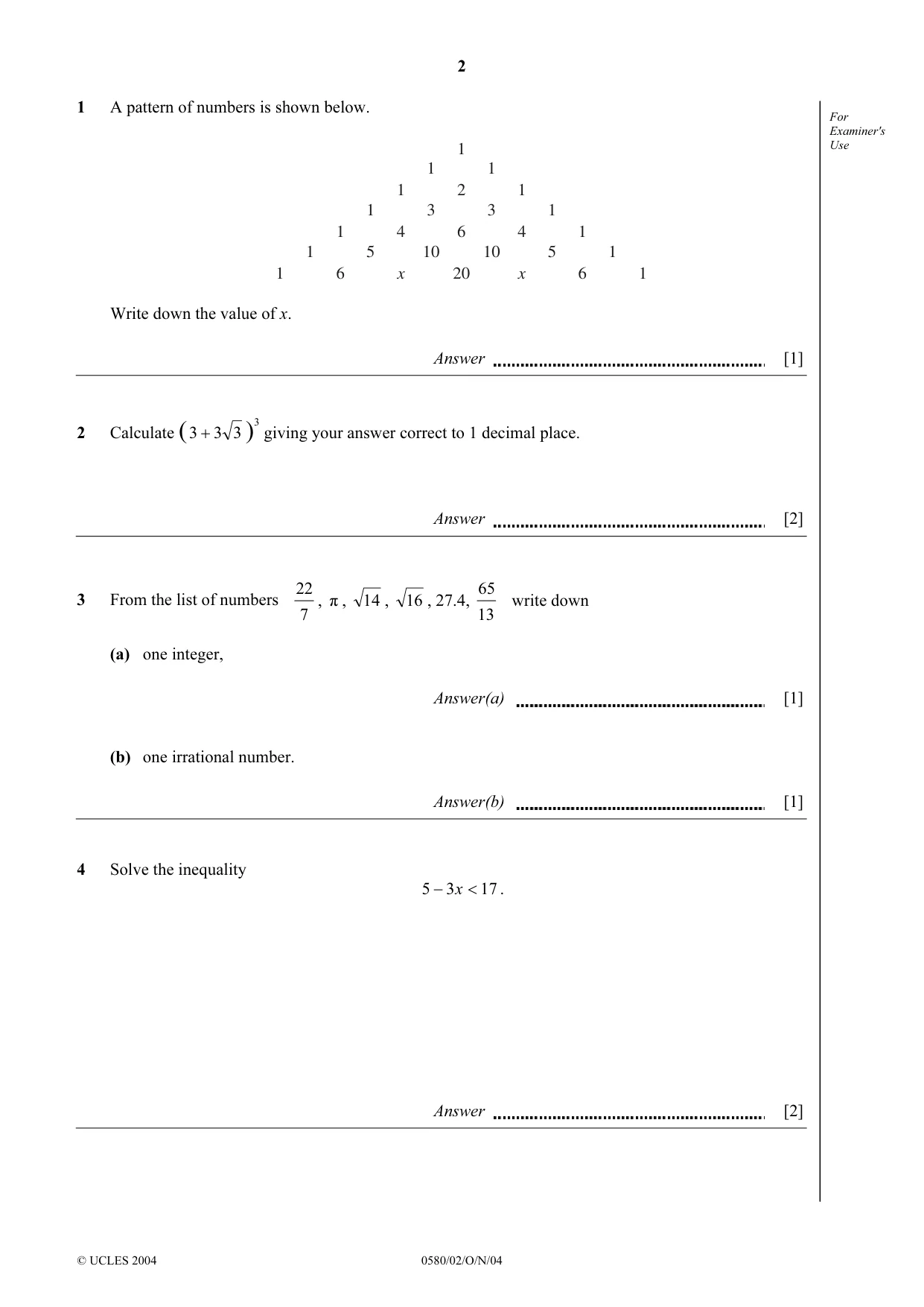 Cambridge IGCSE Mathematics (with coursework) 0581 2004 Oct/Nov Paper 2 · Variant 1 question paper, page 2 of 12
