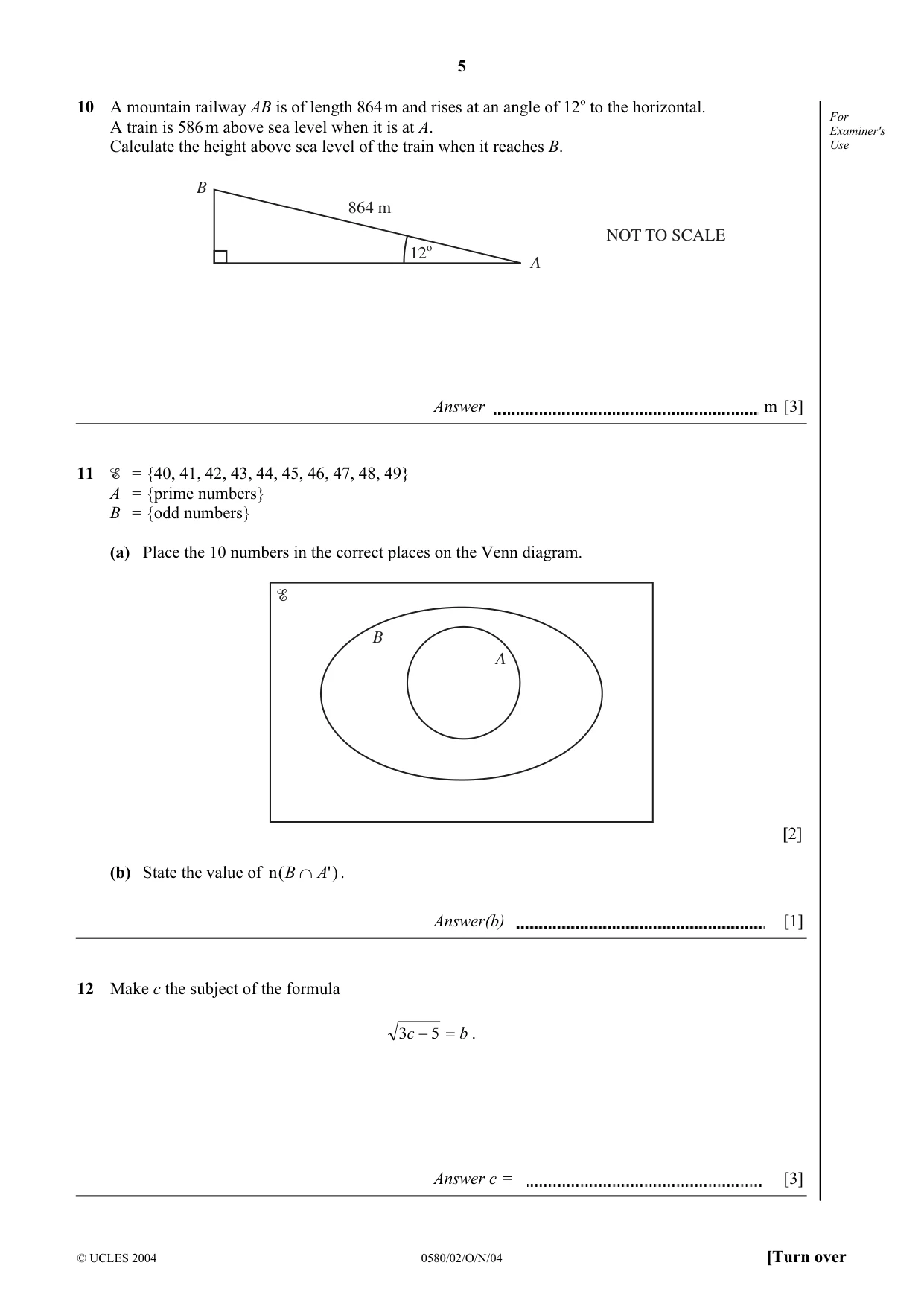 Cambridge IGCSE Mathematics (with coursework) 0581 2004 Oct/Nov Paper 2 · Variant 1 question paper, page 5 of 12