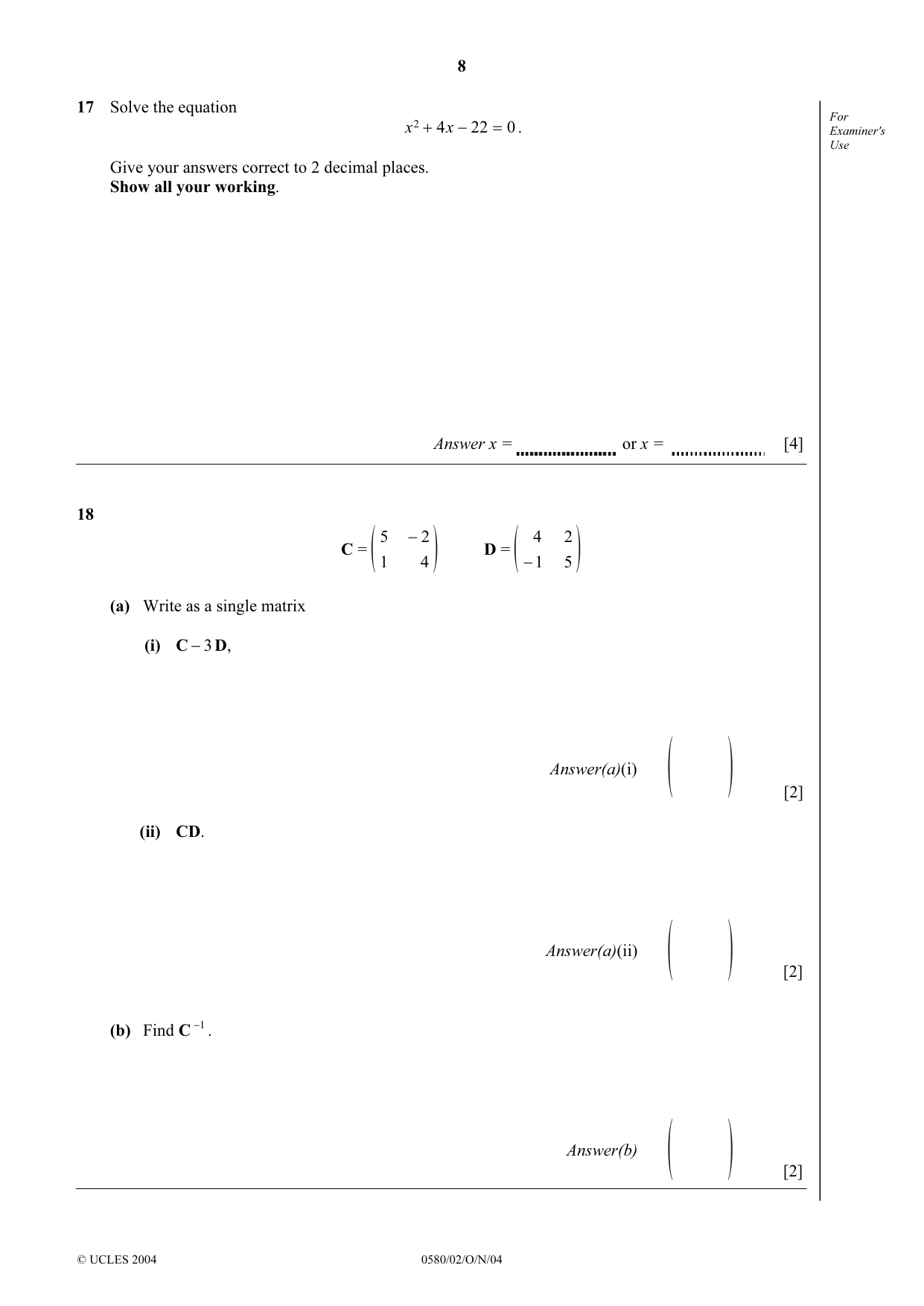 Cambridge IGCSE Mathematics (with coursework) 0581 2004 Oct/Nov Paper 2 · Variant 1 question paper, page 8 of 12
