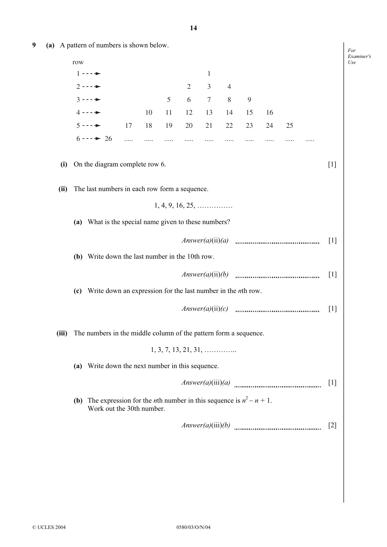 Cambridge IGCSE Mathematics (with coursework) 0581 2004 Oct/Nov Paper 3 · Variant 1 question paper, page 14 of 16