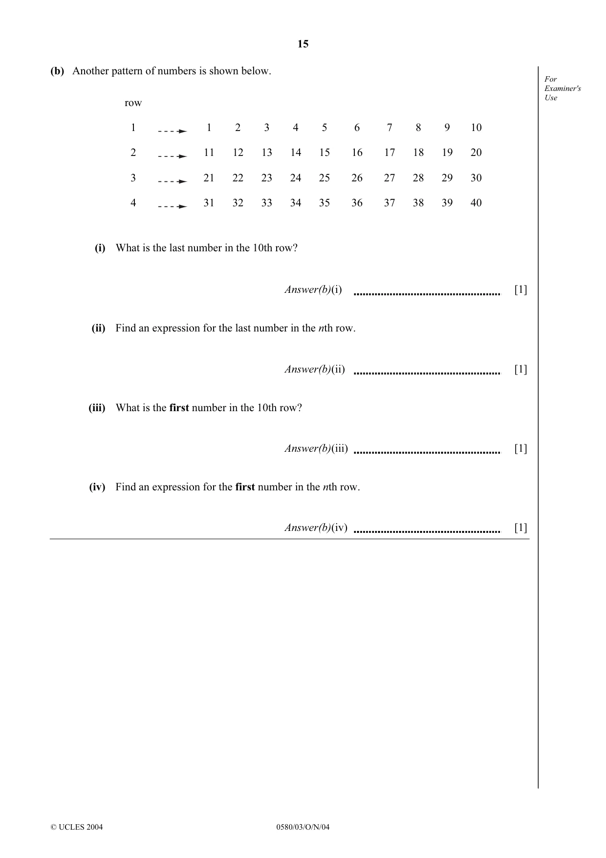 Cambridge IGCSE Mathematics (with coursework) 0581 2004 Oct/Nov Paper 3 · Variant 1 question paper, page 15 of 16