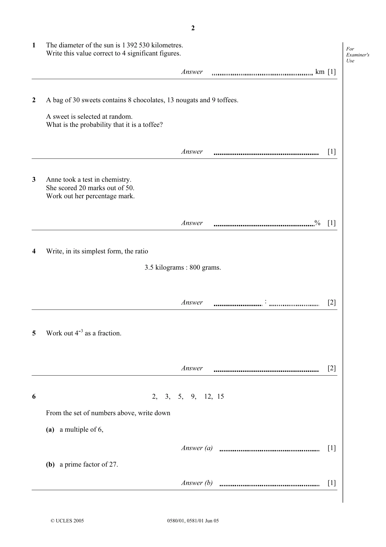 Cambridge IGCSE Mathematics (with coursework) 0581 2005 May/June Paper 1 · Variant 1 question paper, page 2 of 12