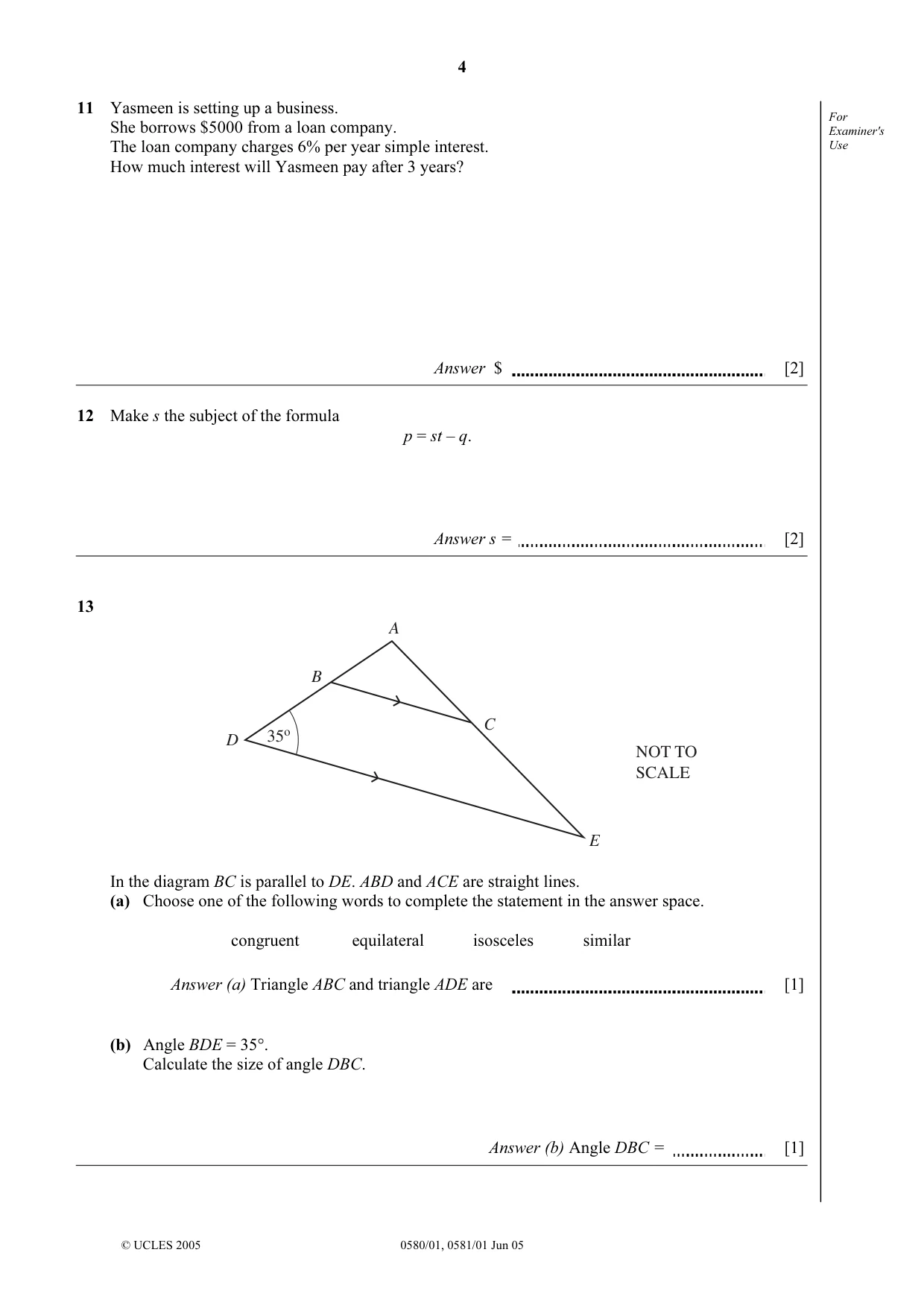 Cambridge IGCSE Mathematics (with coursework) 0581 2005 May/June Paper 1 · Variant 1 question paper, page 4 of 12