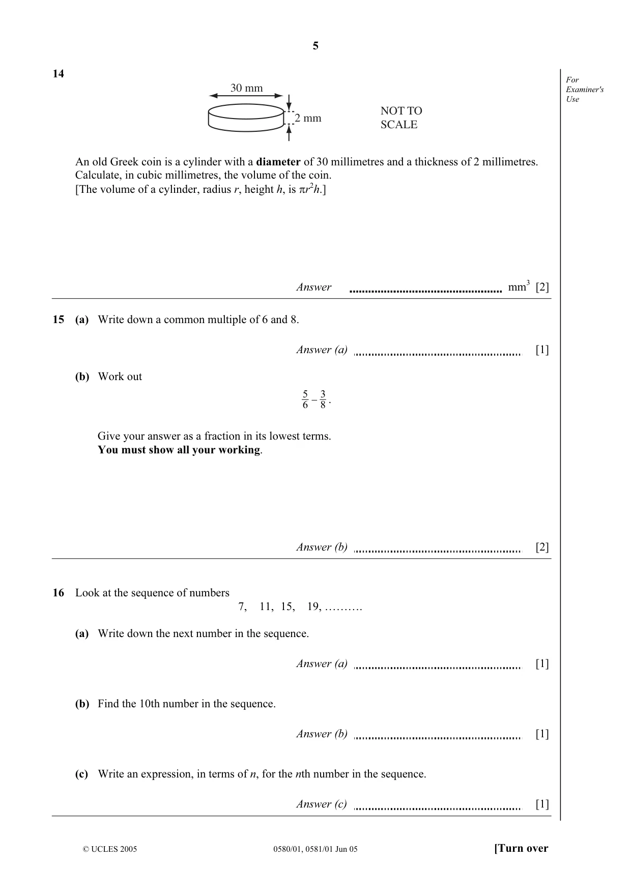 Cambridge IGCSE Mathematics (with coursework) 0581 2005 May/June Paper 1 · Variant 1 question paper, page 5 of 12