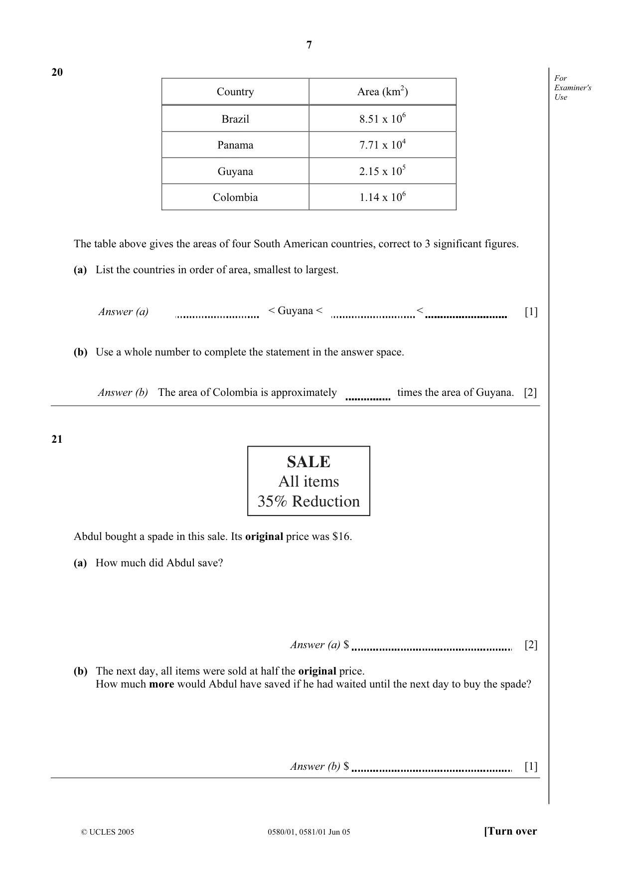 Cambridge IGCSE Mathematics (with coursework) 0581 2005 May/June Paper 1 · Variant 1 question paper, page 7 of 12