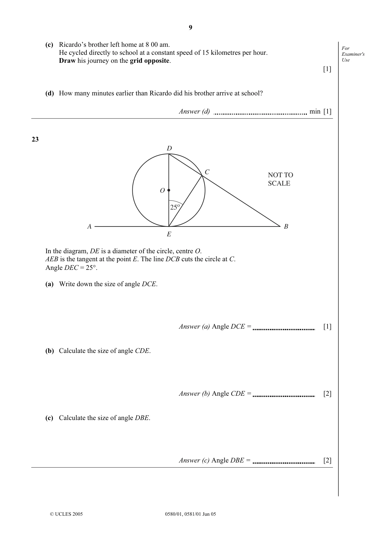 Cambridge IGCSE Mathematics (with coursework) 0581 2005 May/June Paper 1 · Variant 1 question paper, page 9 of 12