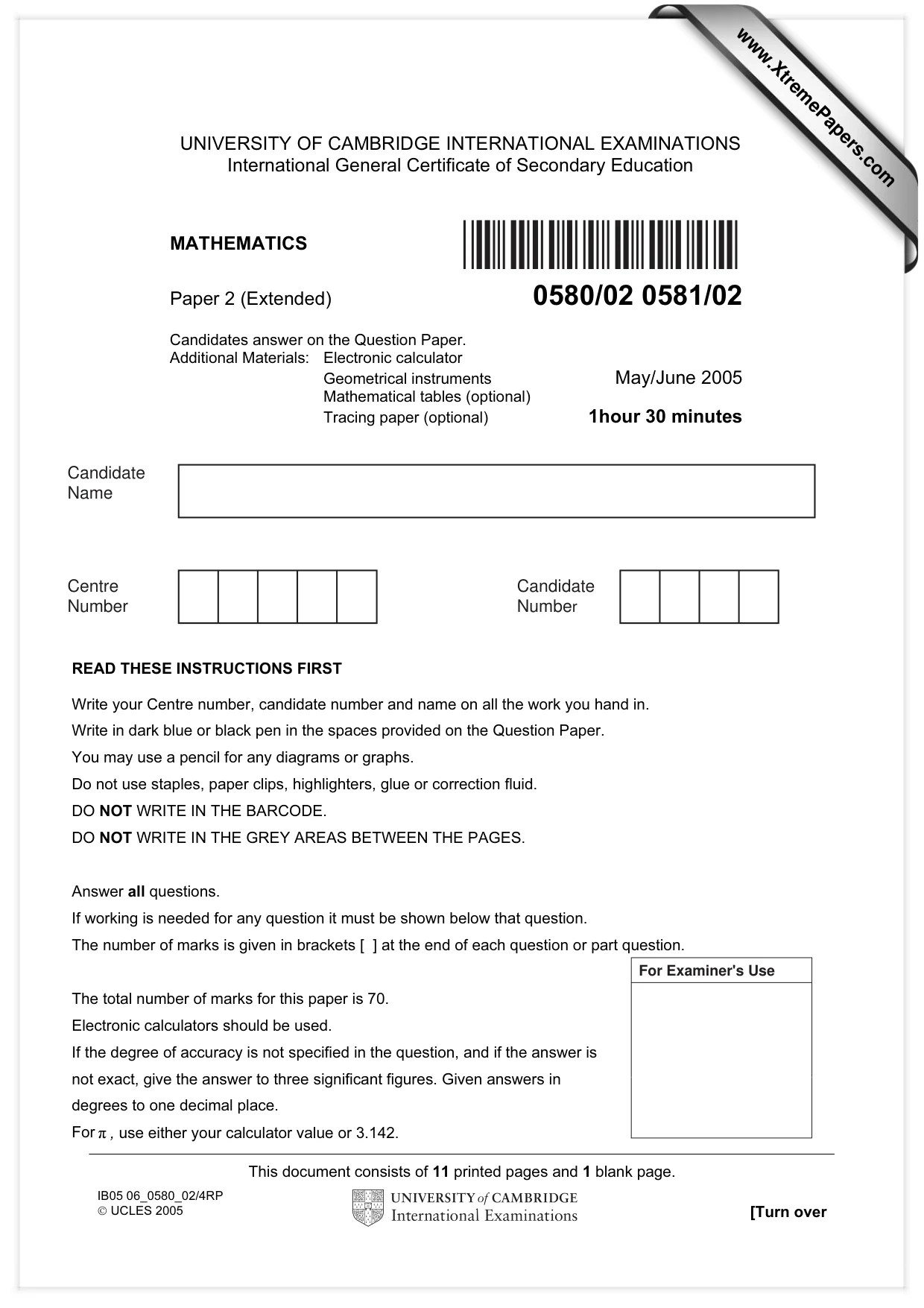 Cambridge IGCSE Mathematics (with coursework) 0581 2005 May/June Paper 2 · Variant 1 question paper, page 1 of 12