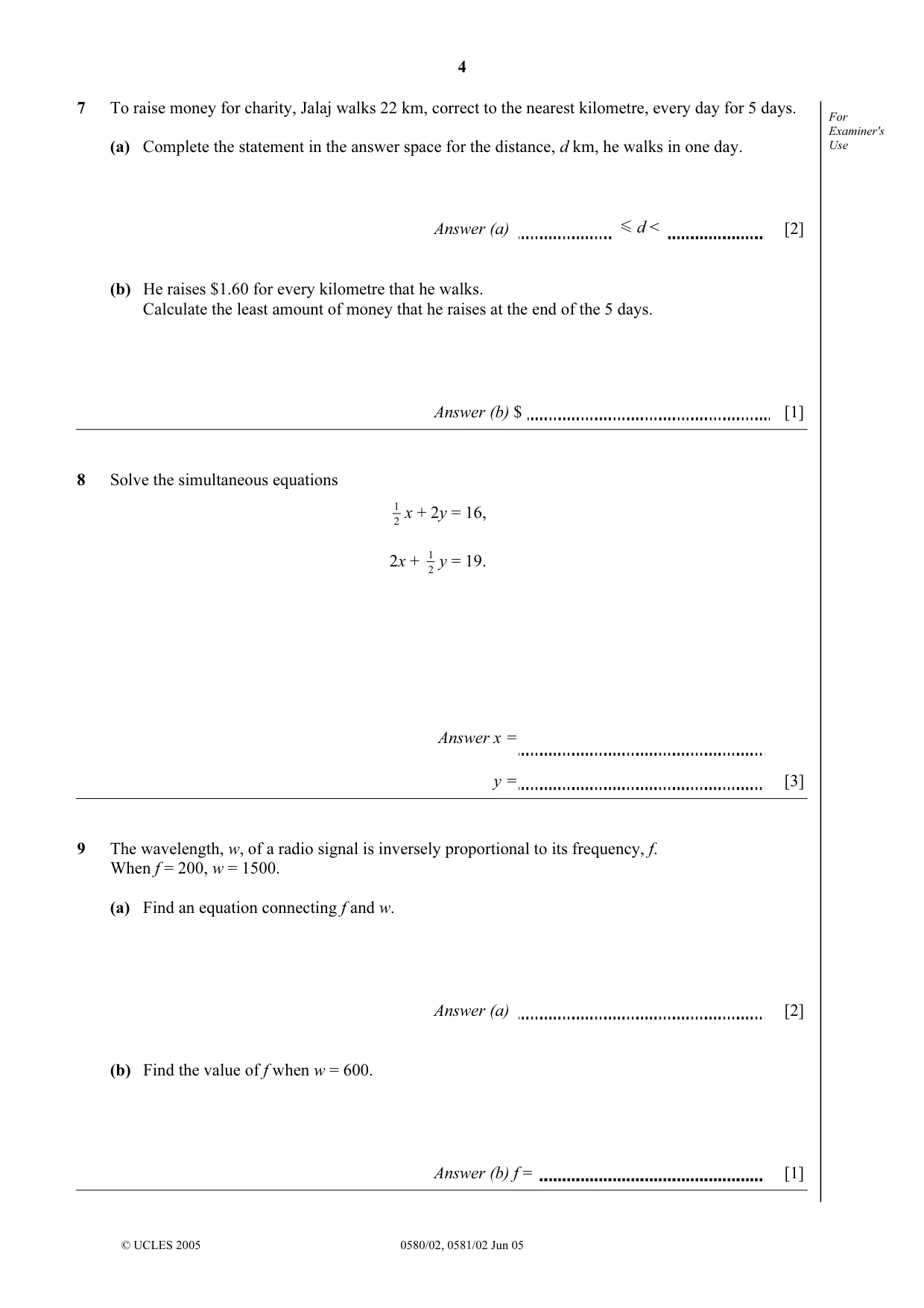 Cambridge IGCSE Mathematics (with coursework) 0581 2005 May/June Paper 2 · Variant 1 question paper, page 4 of 12