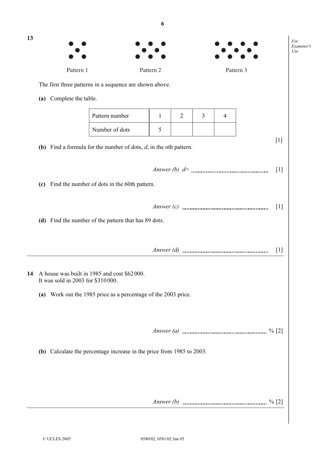Cambridge IGCSE Mathematics (with coursework) 0581 2005 May/June Paper 2 · Variant 1 question paper, page 6 of 12