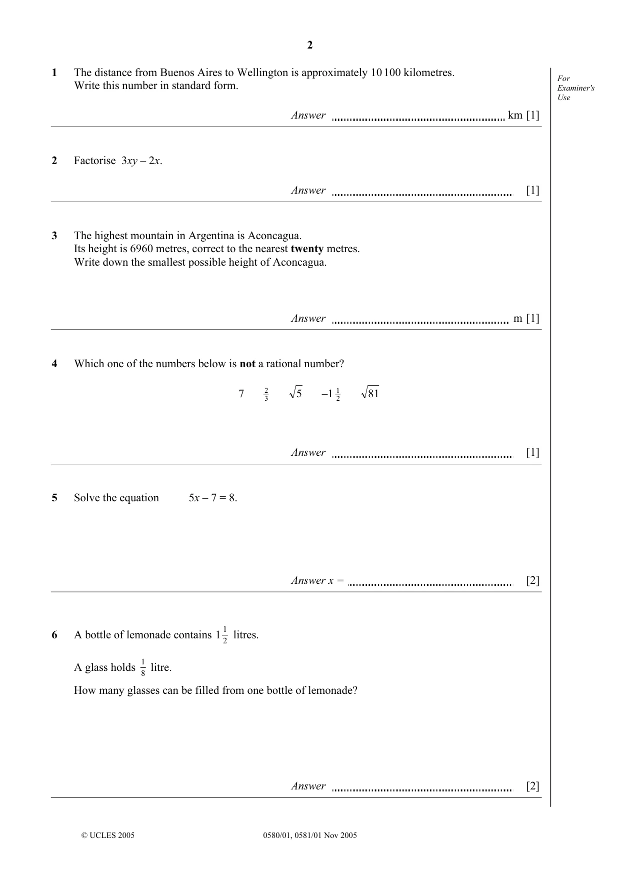 Cambridge IGCSE Mathematics (with coursework) 0581 2005 Oct/Nov Paper 1 · Variant 1 question paper, page 2 of 12