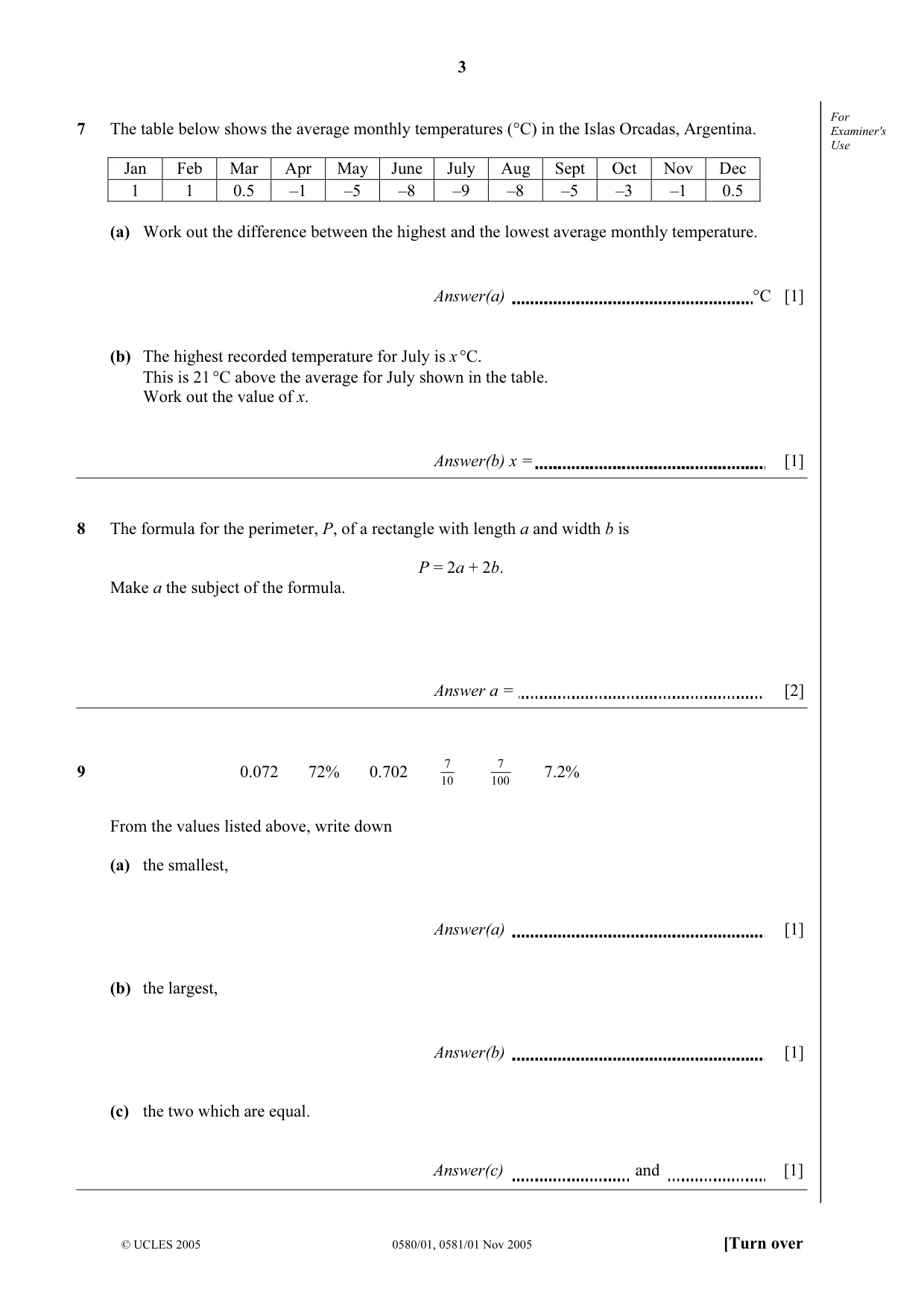 Cambridge IGCSE Mathematics (with coursework) 0581 2005 Oct/Nov Paper 1 · Variant 1 question paper, page 3 of 12