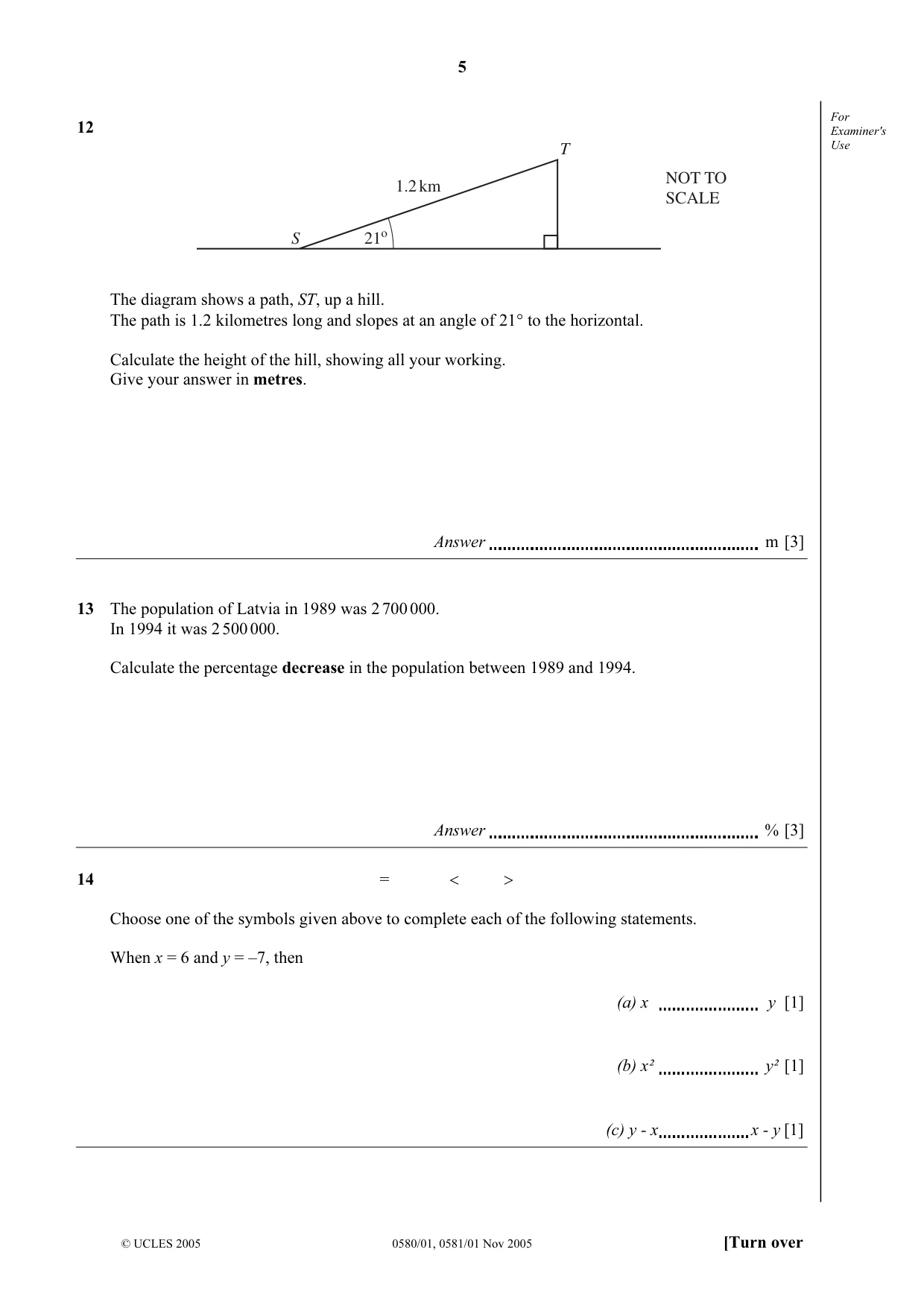 Cambridge IGCSE Mathematics (with coursework) 0581 2005 Oct/Nov Paper 1 · Variant 1 question paper, page 5 of 12