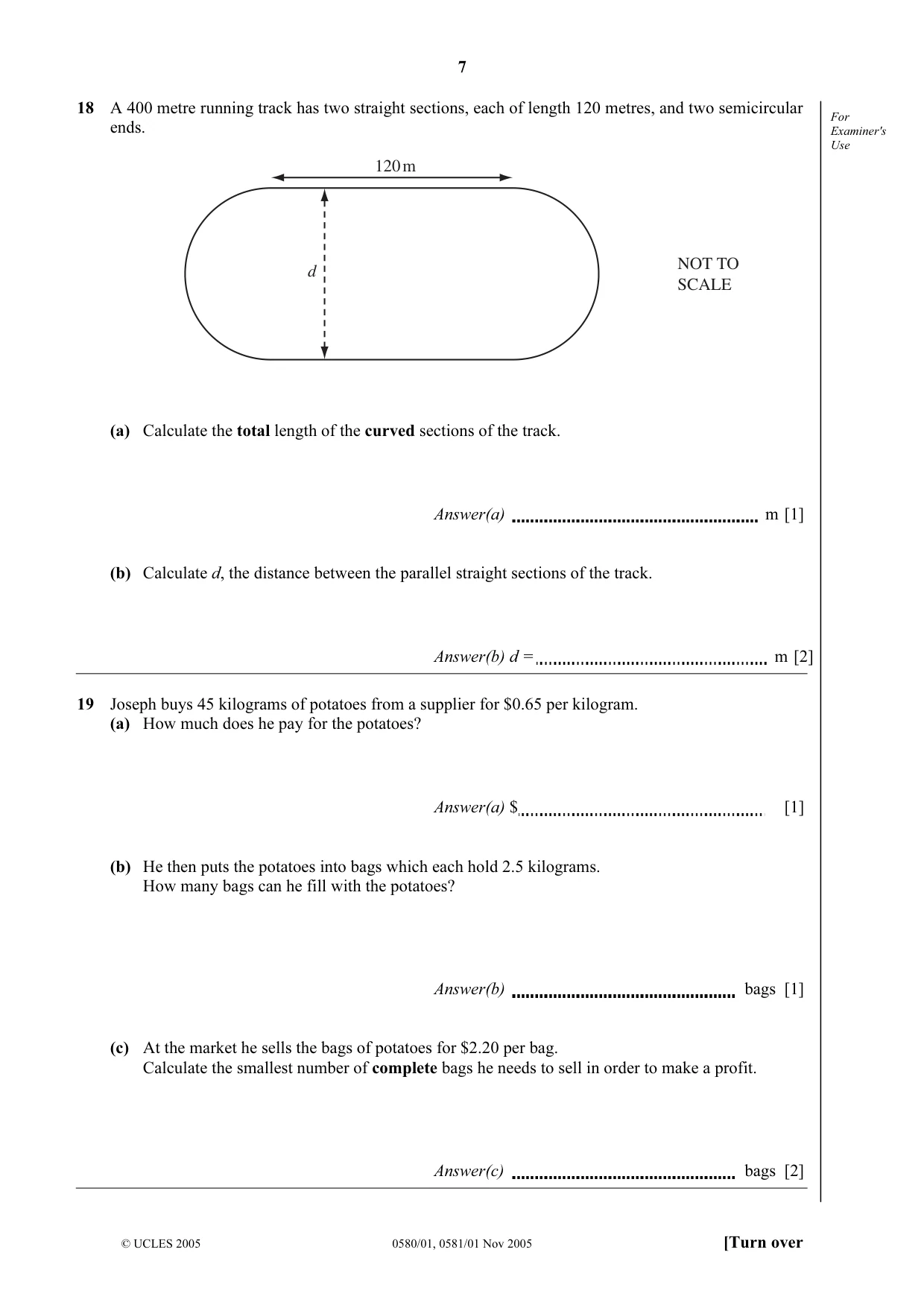 Cambridge IGCSE Mathematics (with coursework) 0581 2005 Oct/Nov Paper 1 · Variant 1 question paper, page 7 of 12