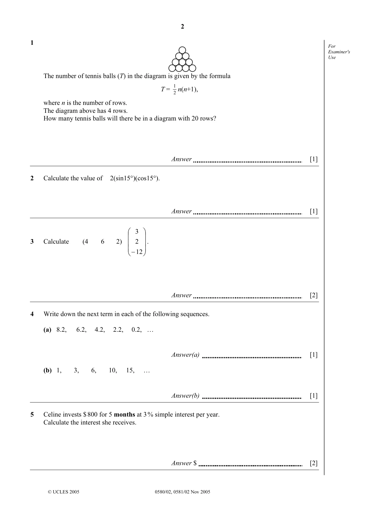 Cambridge IGCSE Mathematics (with coursework) 0581 2005 Oct/Nov Paper 2 · Variant 1 question paper, page 2 of 12