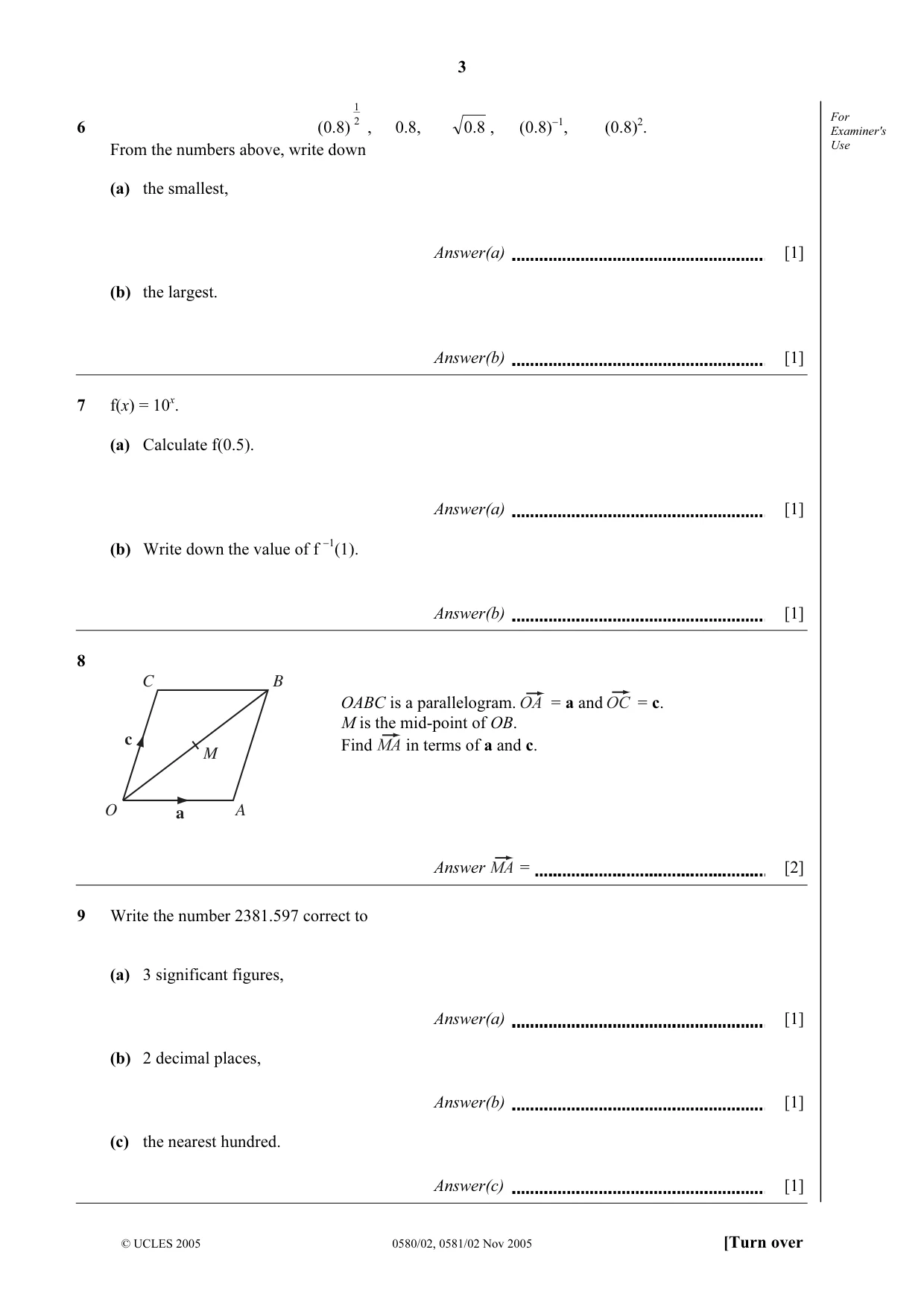 Cambridge IGCSE Mathematics (with coursework) 0581 2005 Oct/Nov Paper 2 · Variant 1 question paper, page 3 of 12