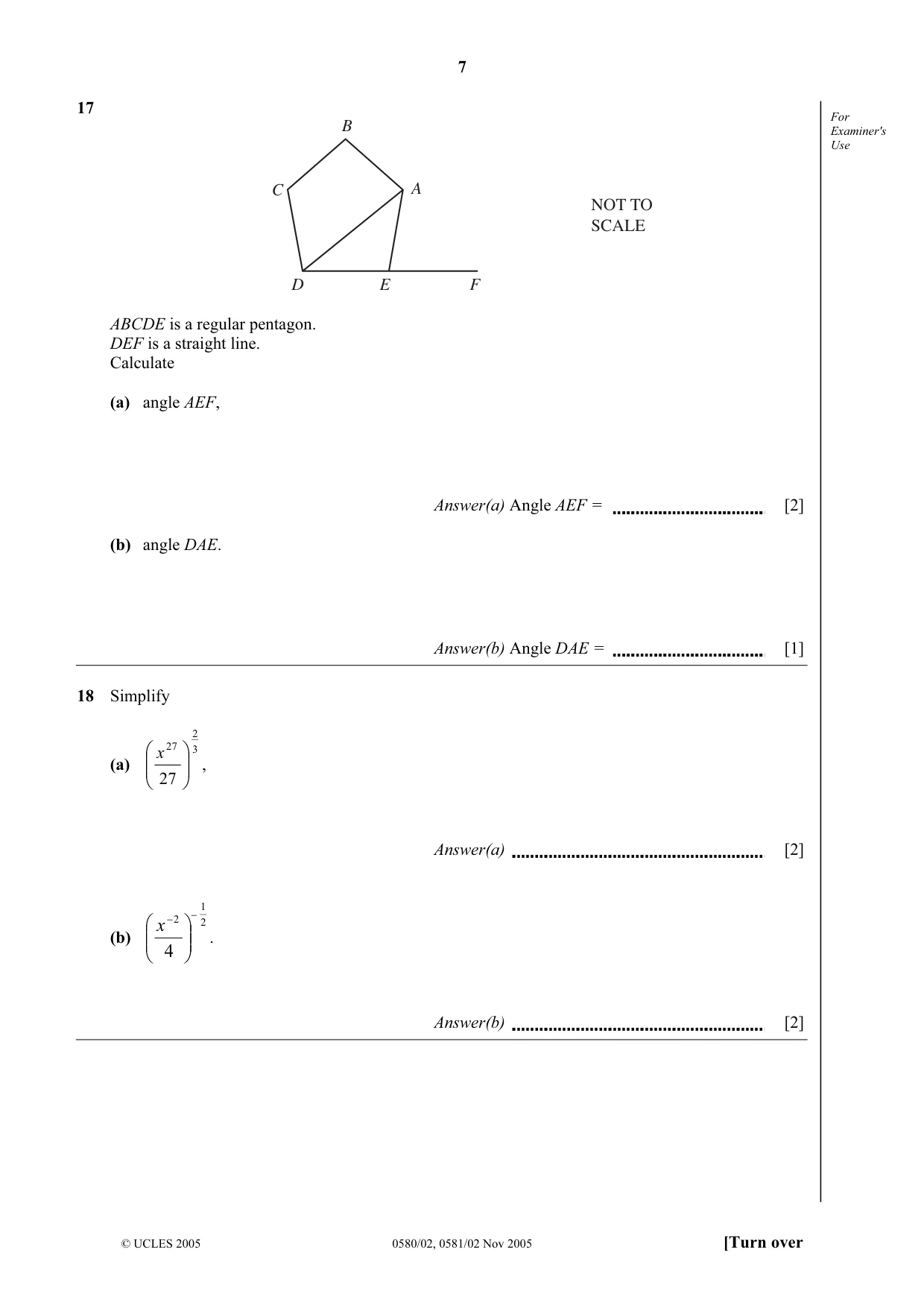 Cambridge IGCSE Mathematics (with coursework) 0581 2005 Oct/Nov Paper 2 · Variant 1 question paper, page 7 of 12