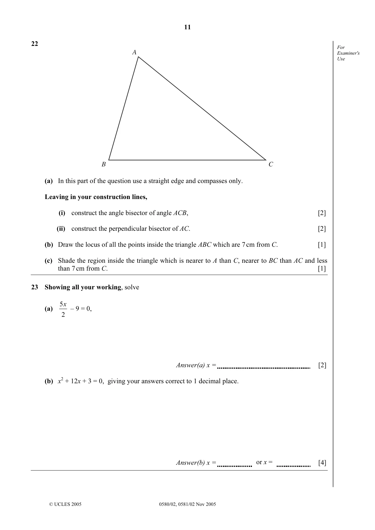Cambridge IGCSE Mathematics (with coursework) 0581 2005 Oct/Nov Paper 2 · Variant 1 question paper, page 11 of 12