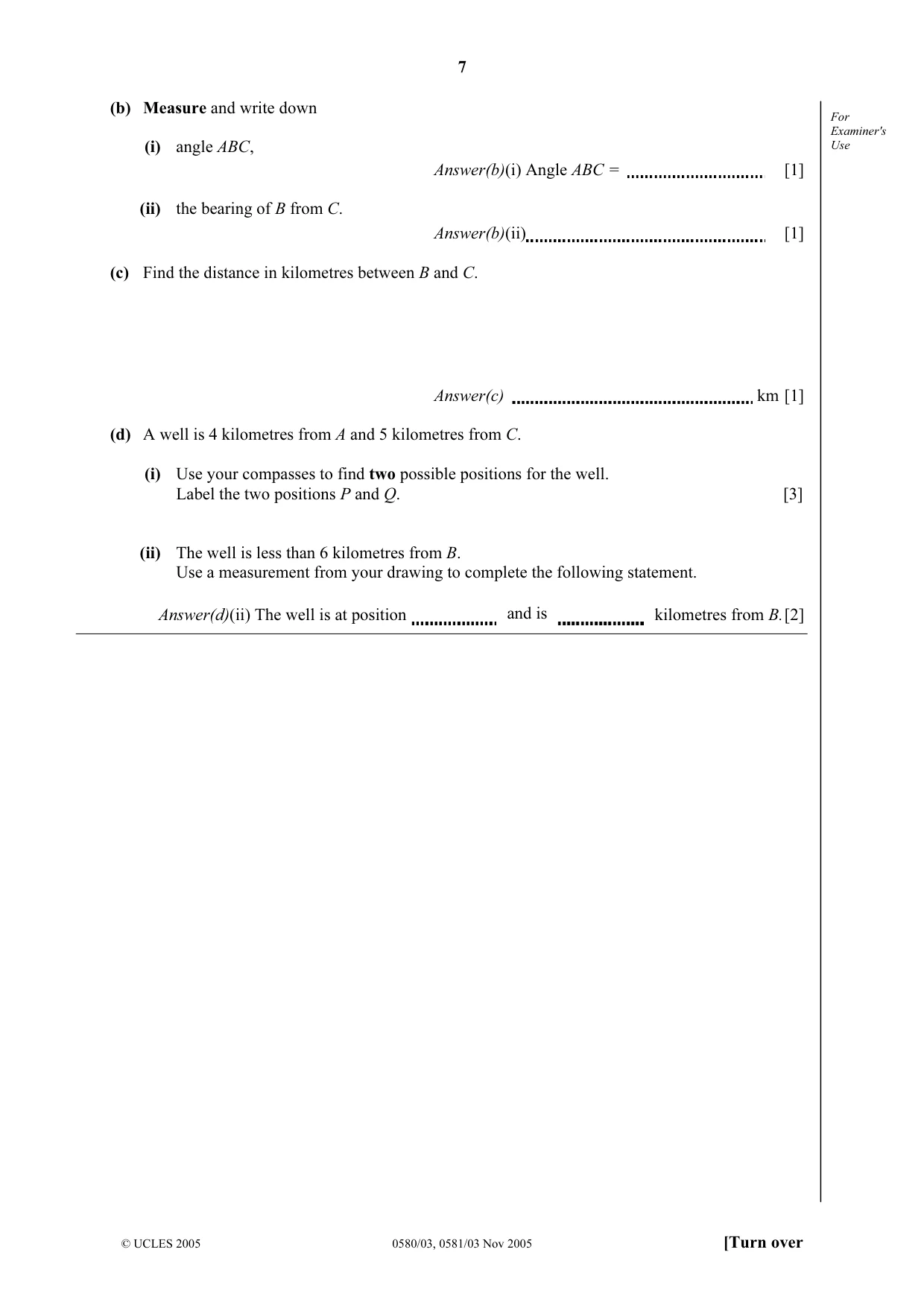 Cambridge IGCSE Mathematics (with coursework) 0581 2005 Oct/Nov Paper 3 · Variant 1 question paper, page 7 of 12