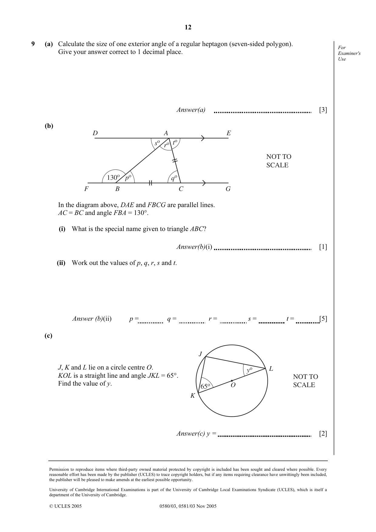 Cambridge IGCSE Mathematics (with coursework) 0581 2005 Oct/Nov Paper 3 · Variant 1 question paper, page 12 of 12