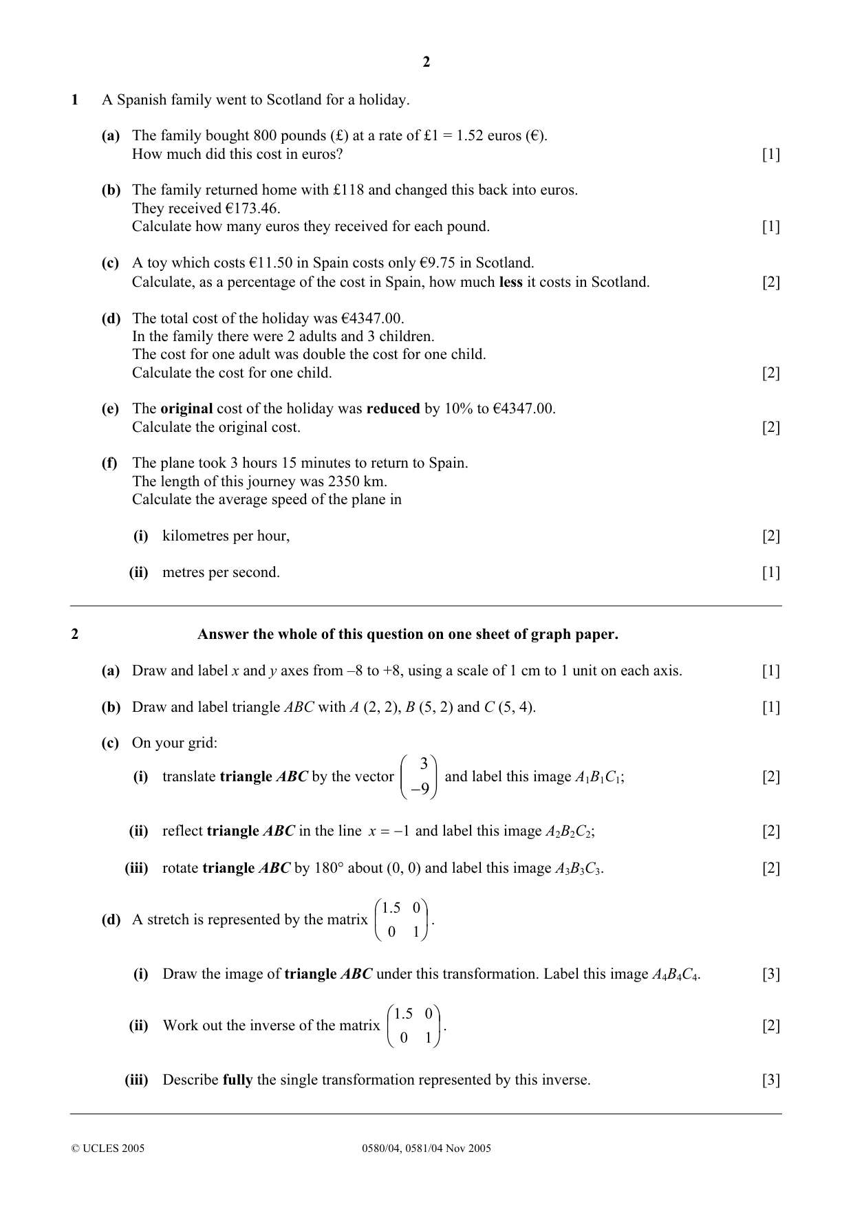 Cambridge IGCSE Mathematics (with coursework) 0581 2005 Oct/Nov Paper 4 · Variant 1 question paper, page 2 of 8