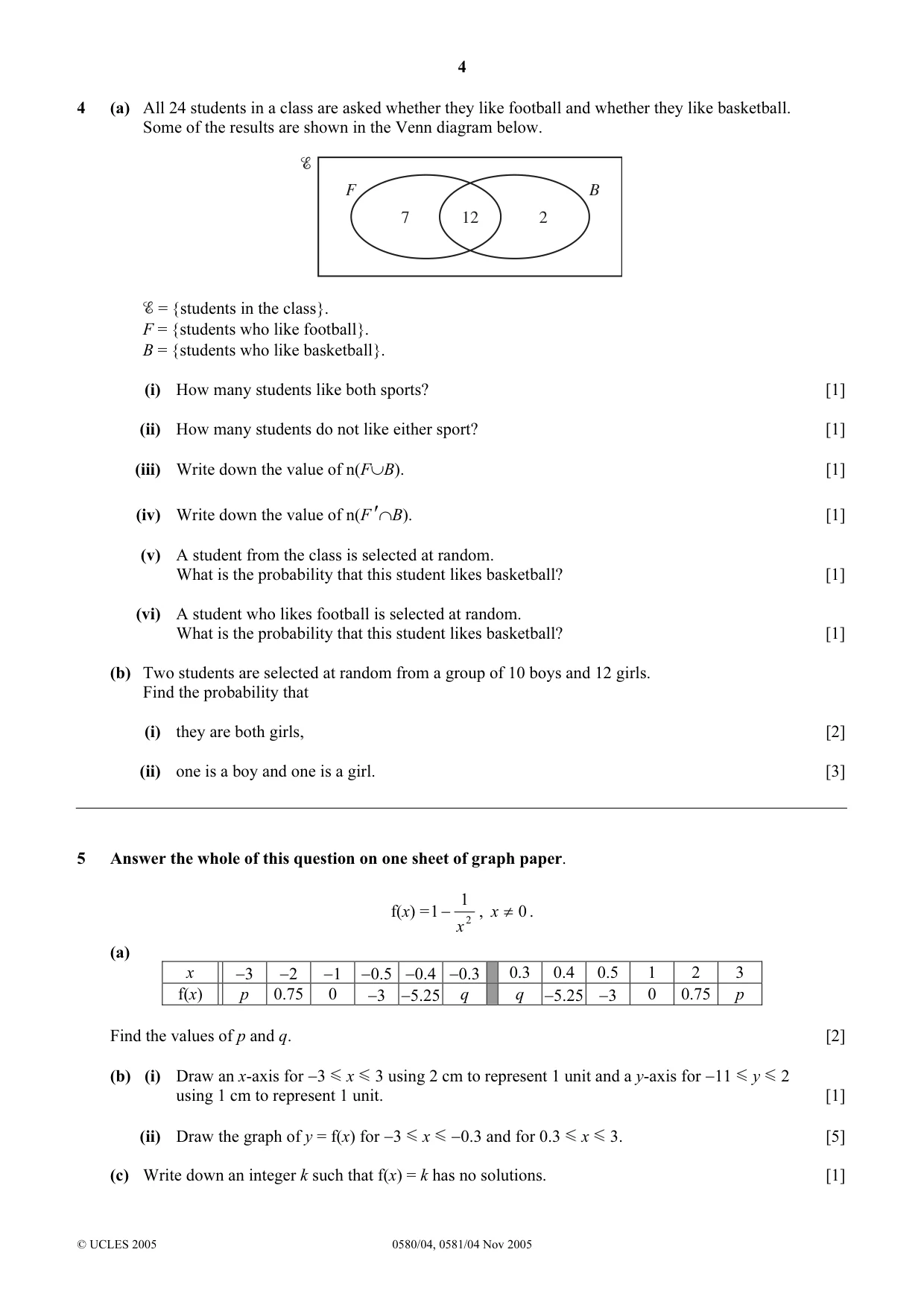 Cambridge IGCSE Mathematics (with coursework) 0581 2005 Oct/Nov Paper 4 · Variant 1 question paper, page 4 of 8