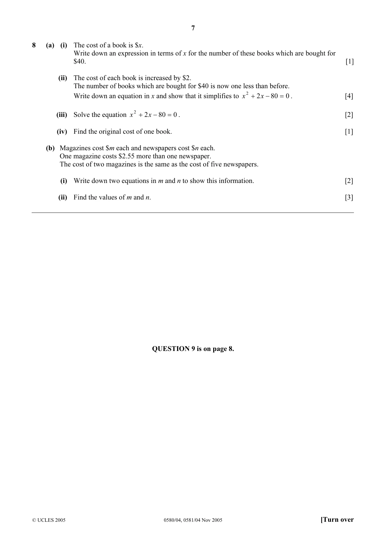 Cambridge IGCSE Mathematics (with coursework) 0581 2005 Oct/Nov Paper 4 · Variant 1 question paper, page 7 of 8