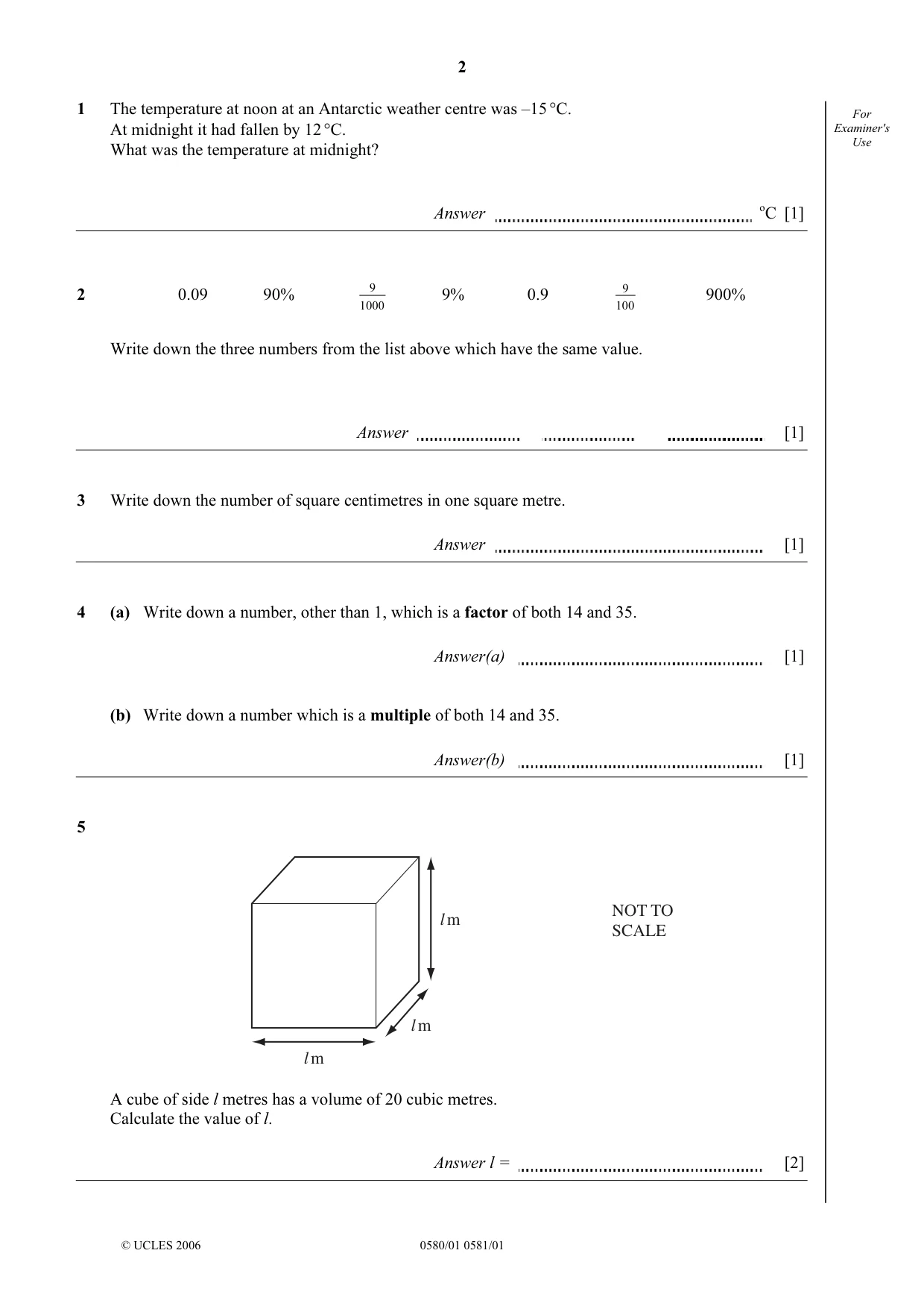 Cambridge IGCSE Mathematics (with coursework) 0581 2006 May/June Paper 1 · Variant 1 question paper, page 2 of 8