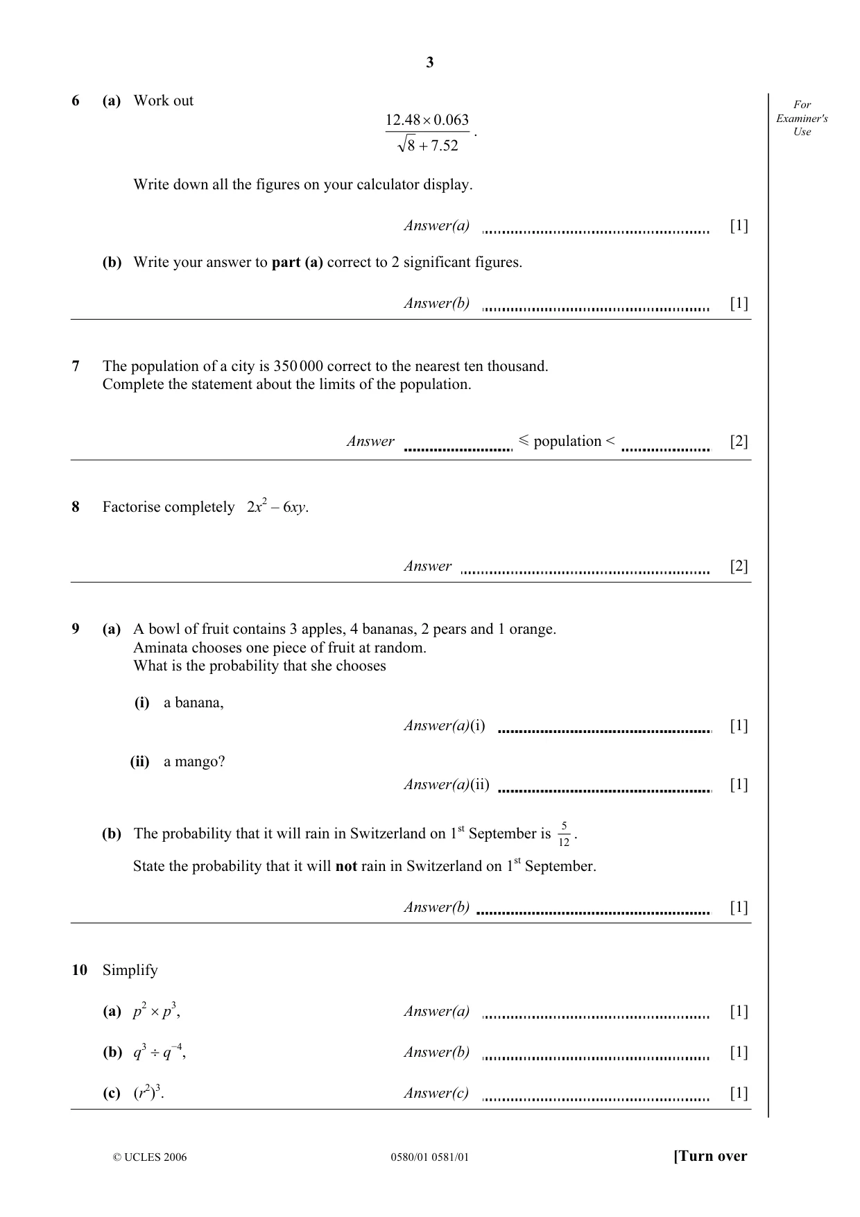 Cambridge IGCSE Mathematics (with coursework) 0581 2006 May/June Paper 1 · Variant 1 question paper, page 3 of 8