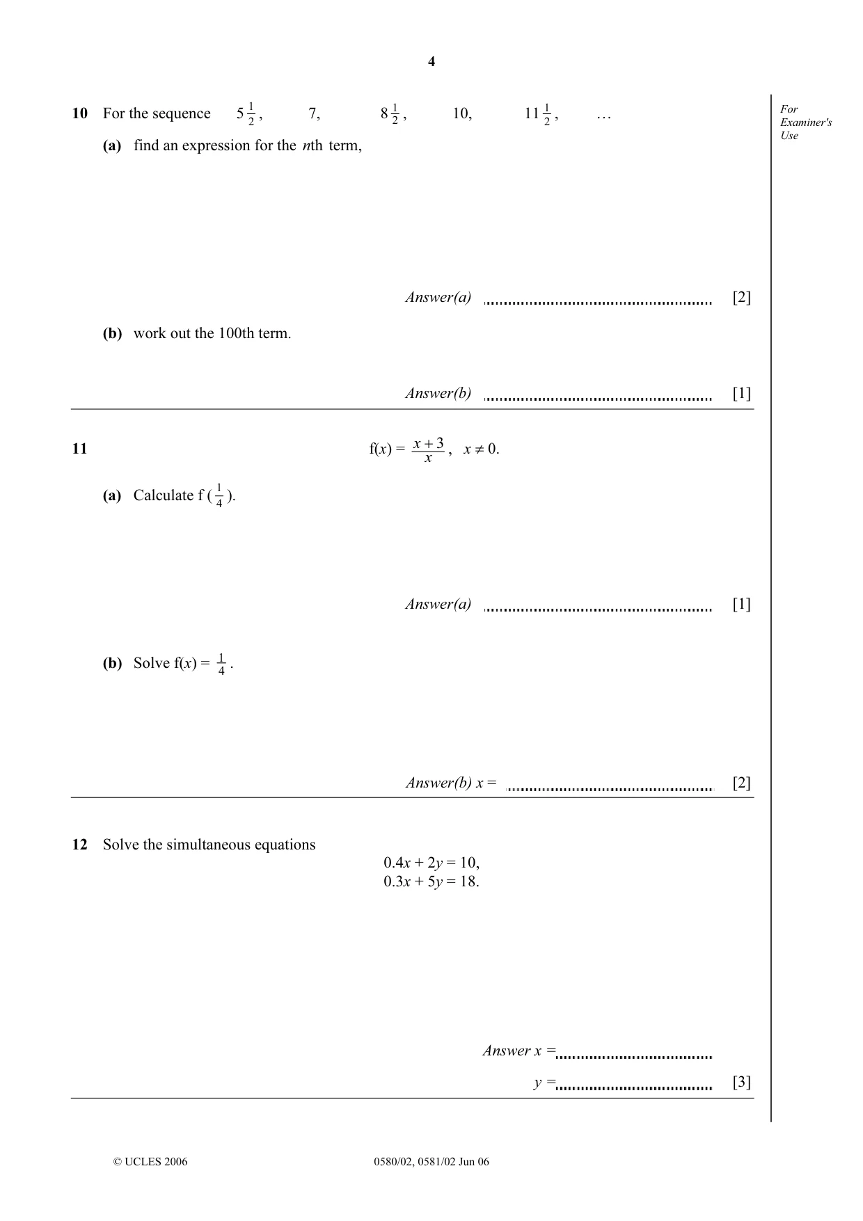 Cambridge IGCSE Mathematics (with coursework) 0581 2006 May/June Paper 2 · Variant 1 question paper, page 4 of 12